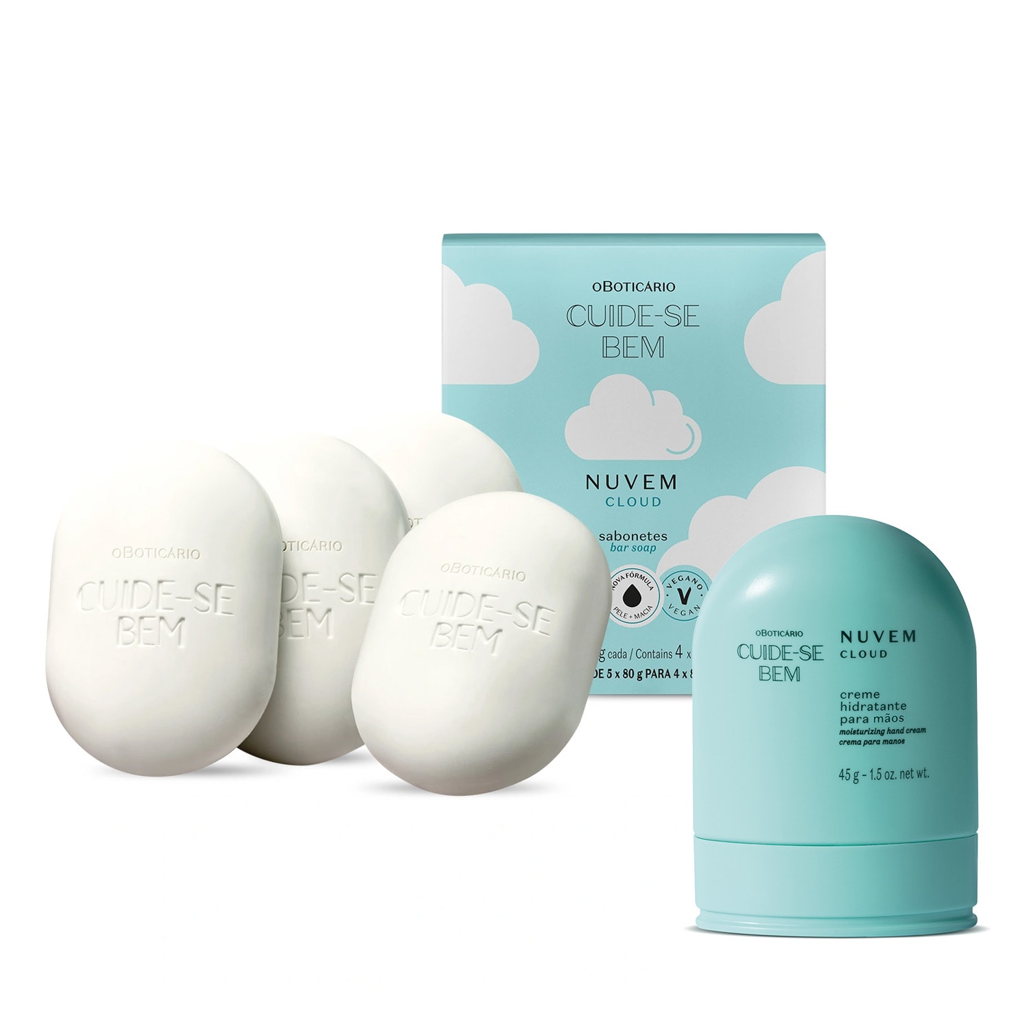 Combo Cuide-se Bem Nuvem: Creme Para as Mãos 45g + Sabonetes em Barra 4x80g
