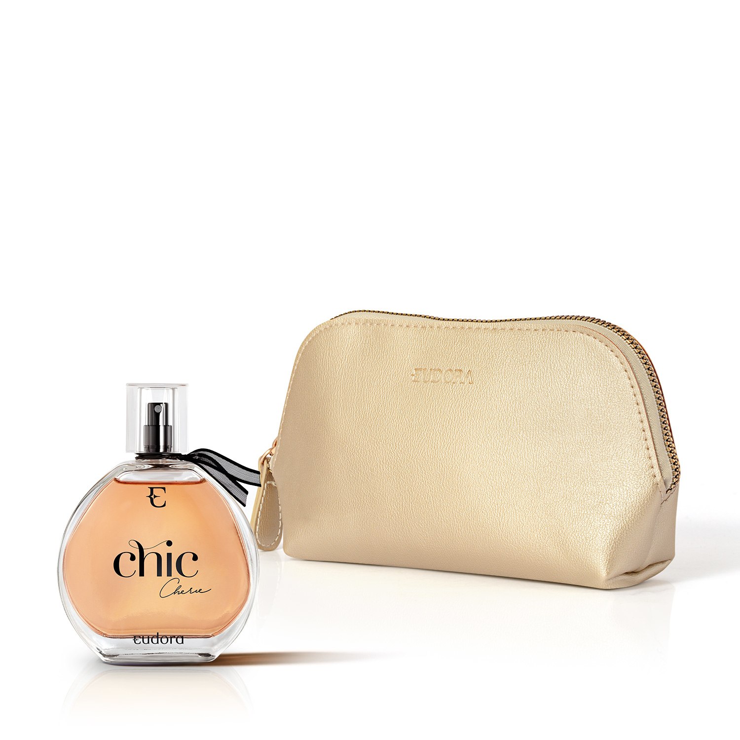 Combo Desodorante Colônia Chic Chérie 95ml + Nécessaire Dourado Arredondado Eudora Collection