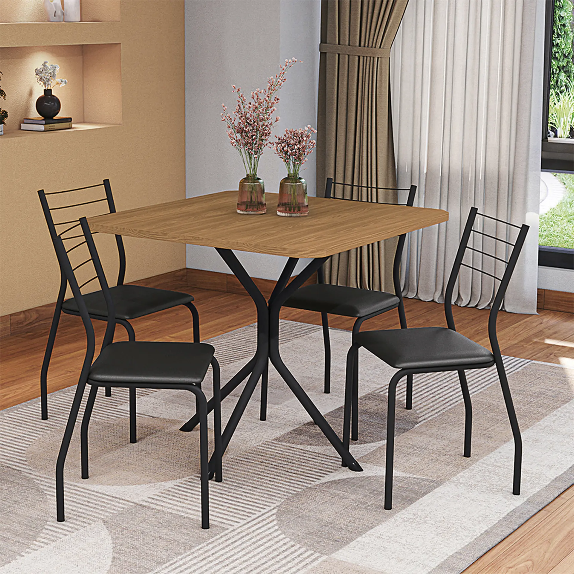 Conjunto de Mesa 4 Cadeiras Tampo MDP com Assento Estofado Creta Kappesberg - Preto Fosco/Canela