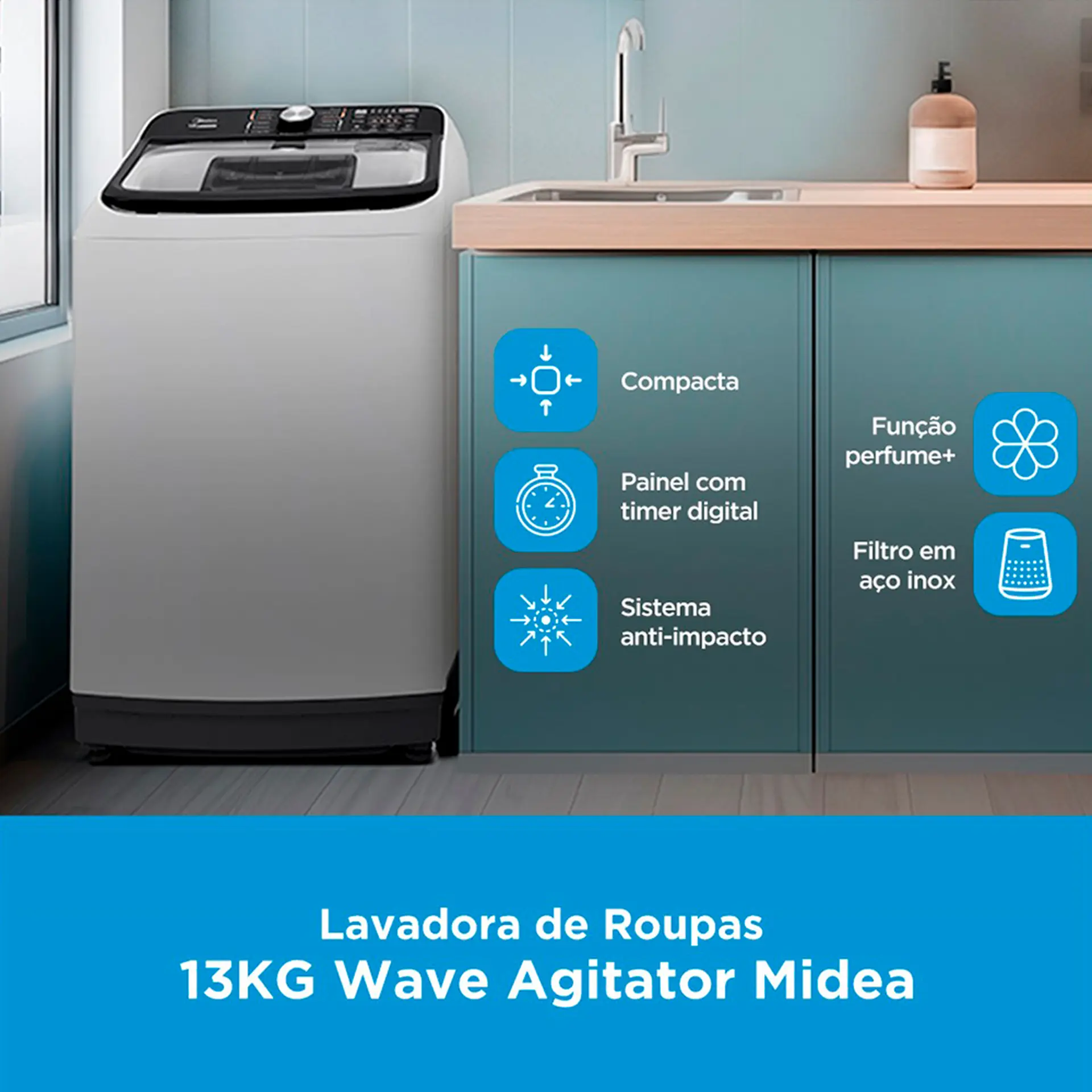 Máquina de Lavar Midea Wave Agitador 13kg Automática Cesto Inox - Branco - 110 Volts
