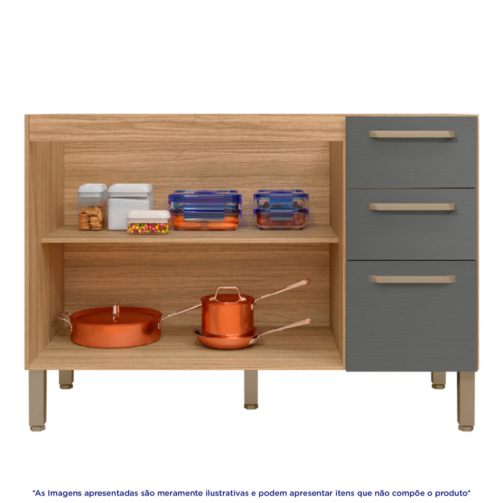 Balcão sem Tampo 3 Portas 2 Gavetas 120cm Versalhes Kit's Paraná - Freijo gris