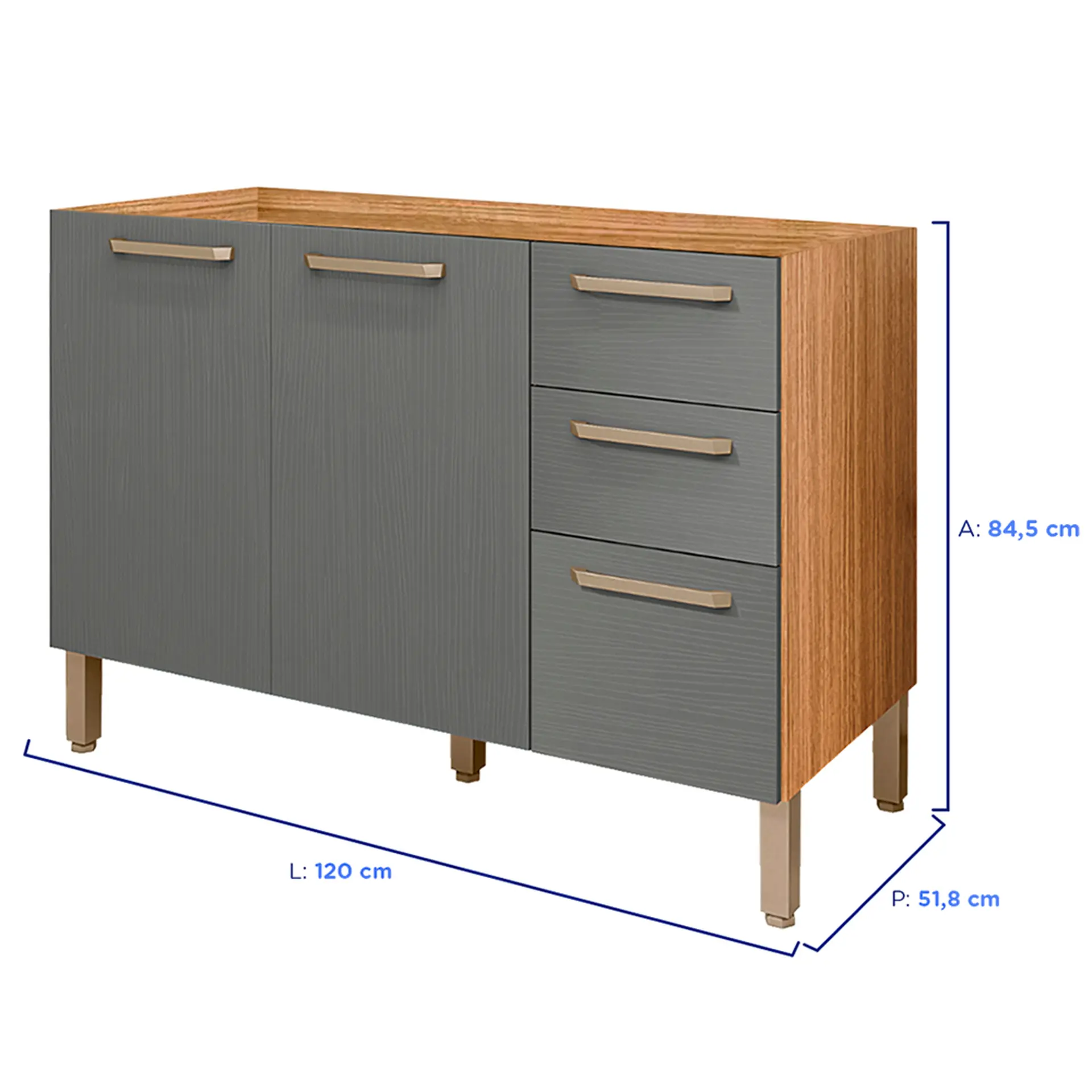Balcão sem Tampo 3 Portas 2 Gavetas 120cm Versalhes Kit's Paraná - Freijo gris