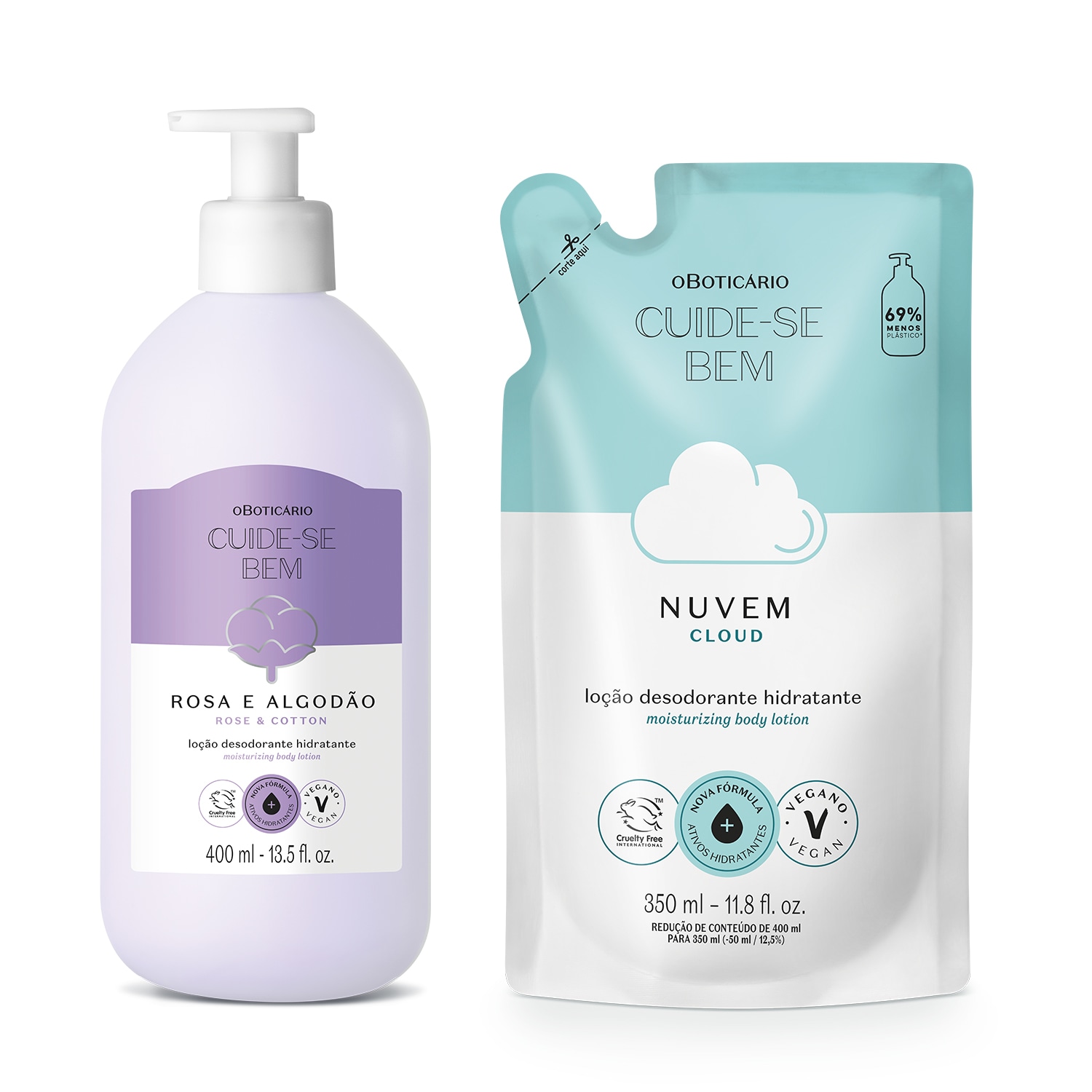 Combo Cuide-se Bem: Loção Corporal Rosa e Algodão 400ml + Refil Nuvem 350ml
