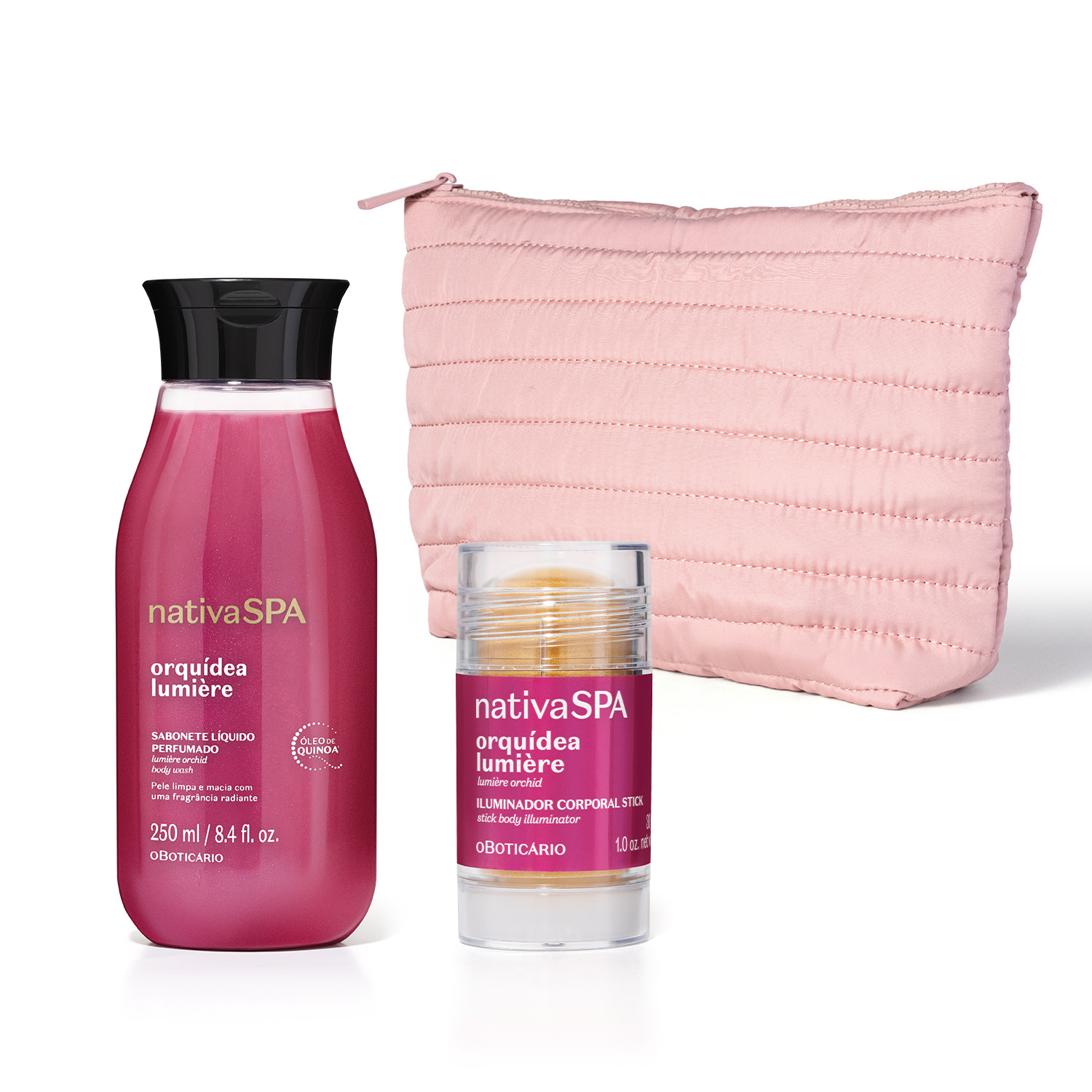 Combo Nativa SPA Orquídea Lumière: Sabonete Líquido Corporal 250ml + Iluminador Corporal Stick 30g + Nécessaire Premium