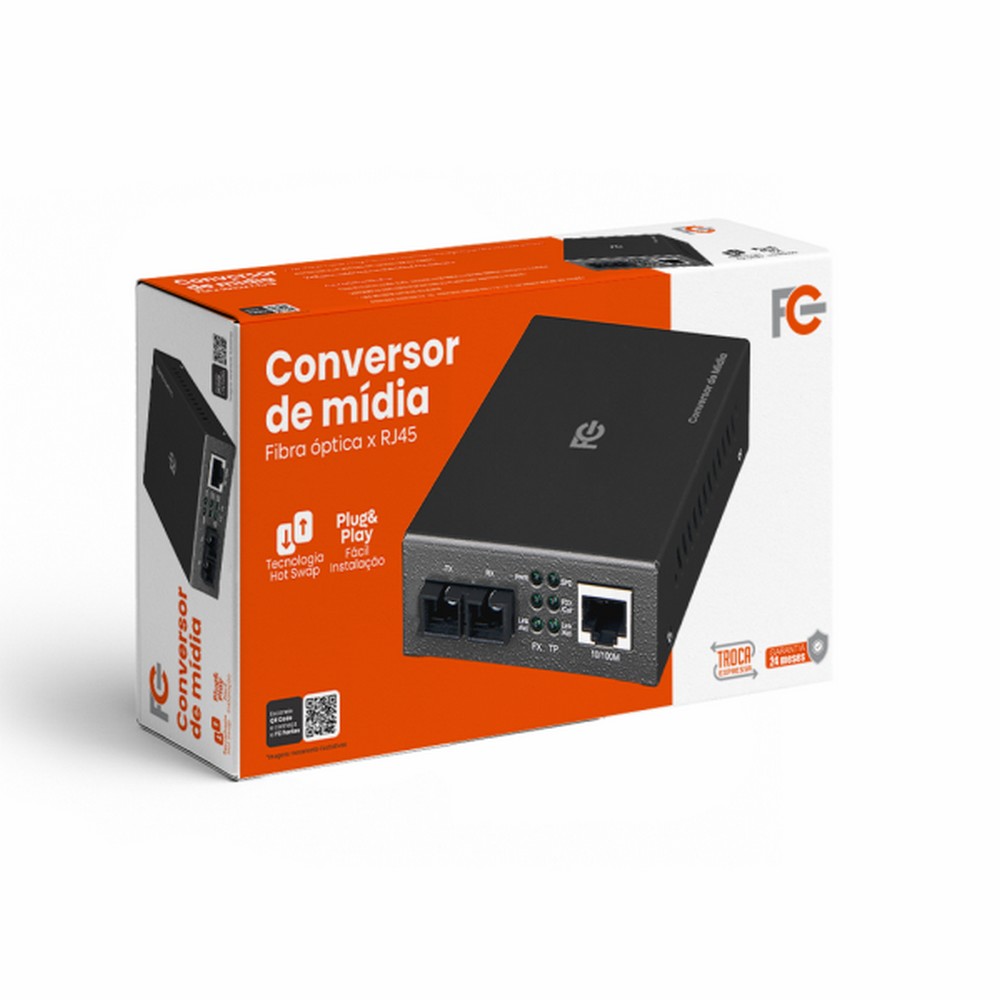 Conversor de Mídia FC Fontes RJ45 10/100 Fibra Óptica 25 KM Monomodo FCCM25SF Par