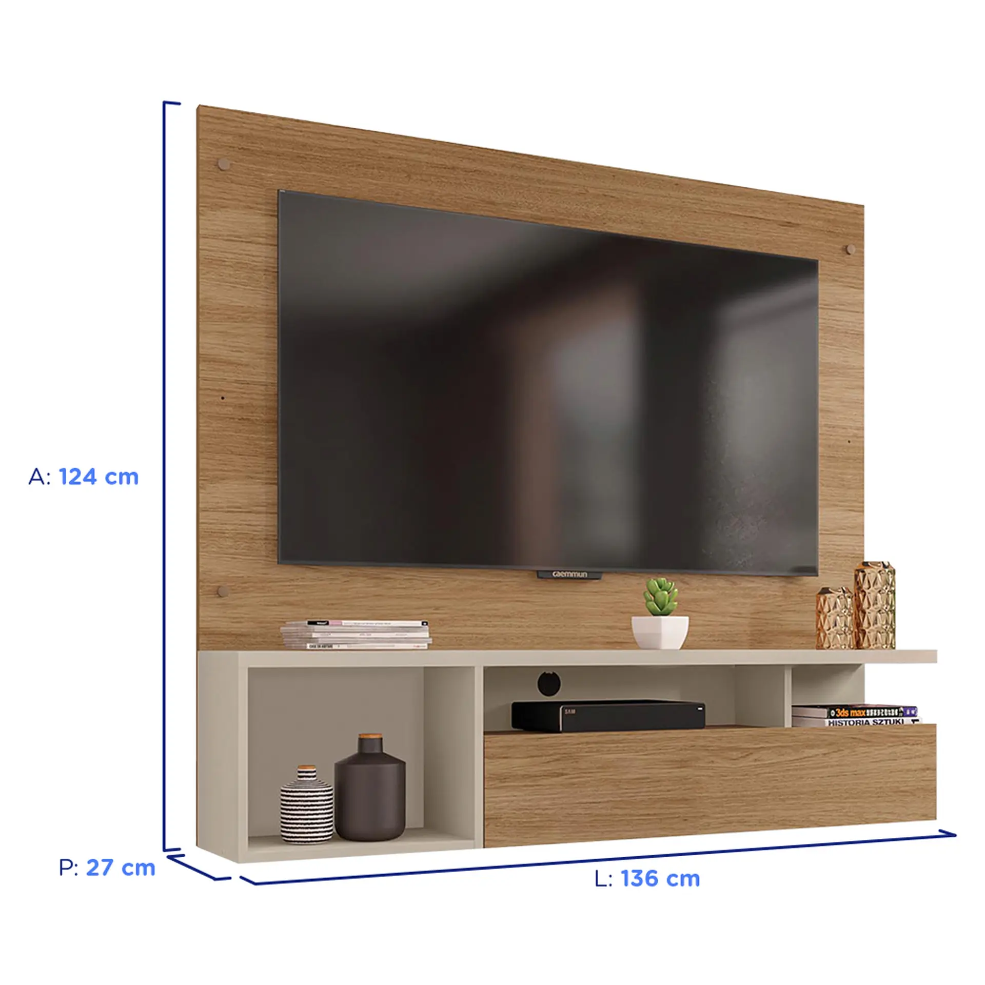 Painel para TV até 55" com Nicho Gold Caemmun - Buriti/Off White