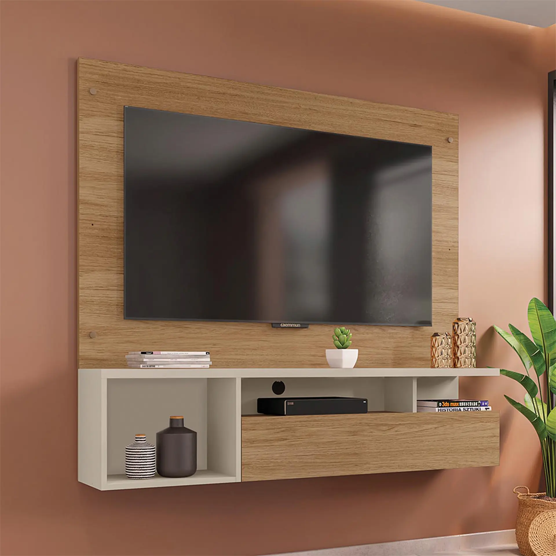 Painel para TV até 55" com Nicho Gold Caemmun - Buriti/Off White