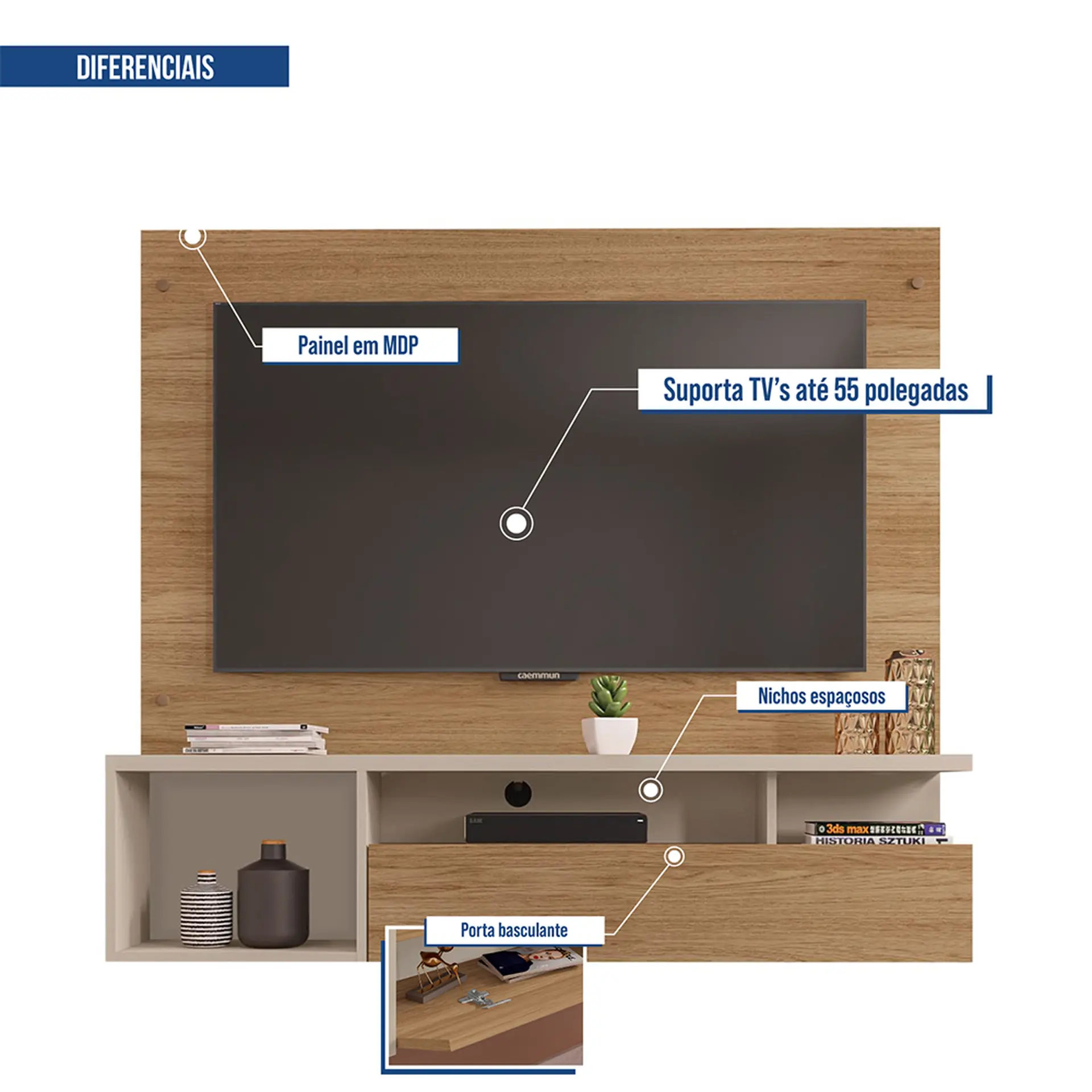 Painel para TV até 55" com Nicho Gold Caemmun - Buriti/Off White