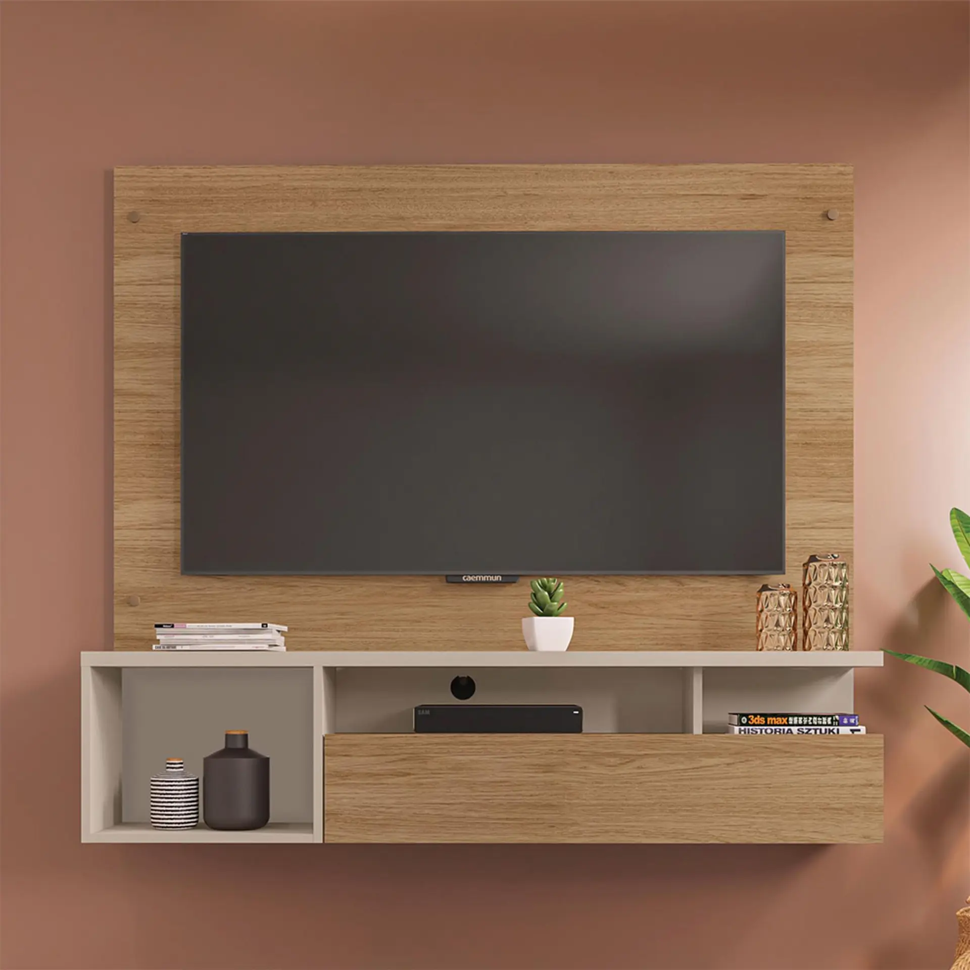 Painel para TV até 55" com Nicho Gold Caemmun - Buriti/Off White