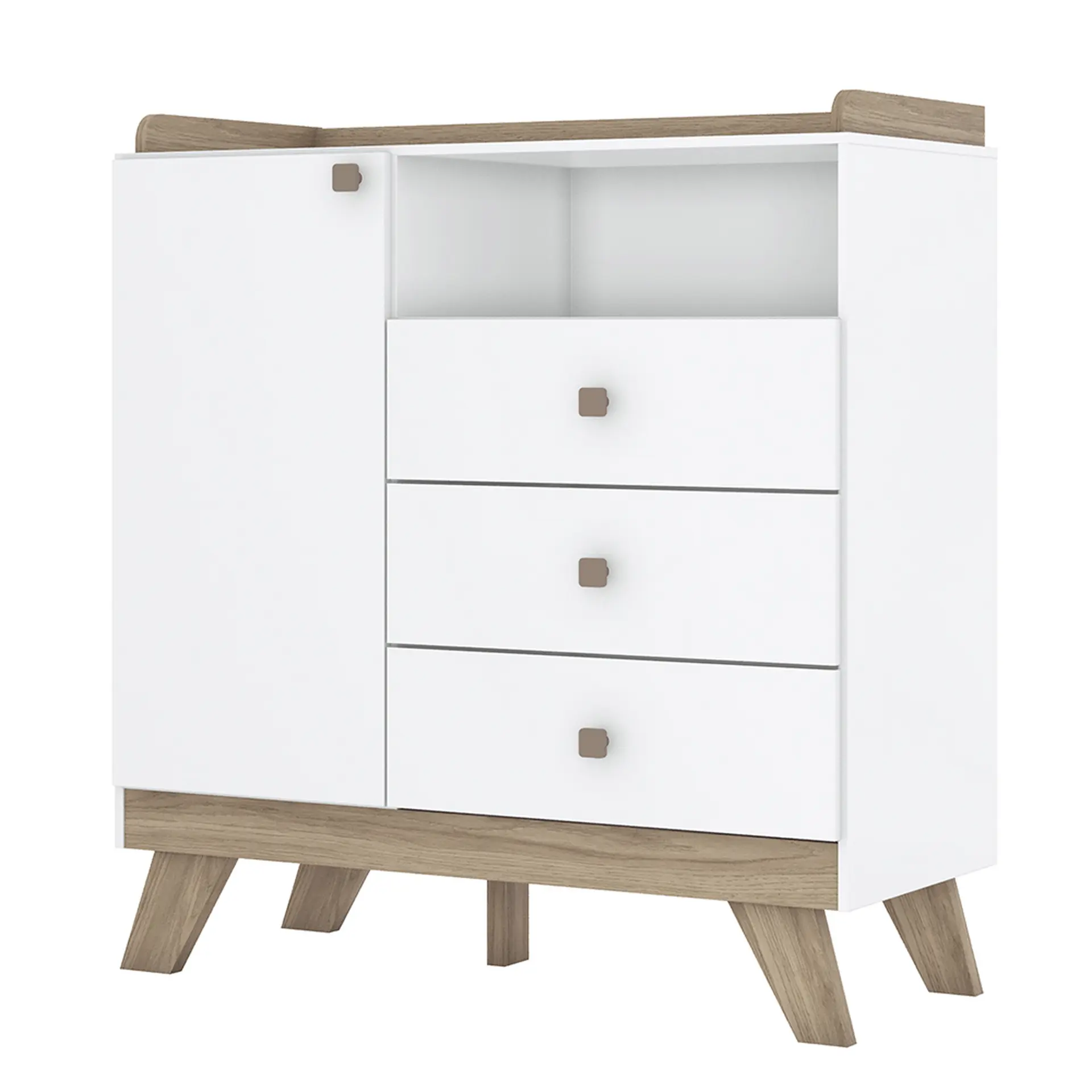Cômoda Infantil 1 Portas Bater 3 Gavetas Confete Henn - Branco/Jequitiba HP