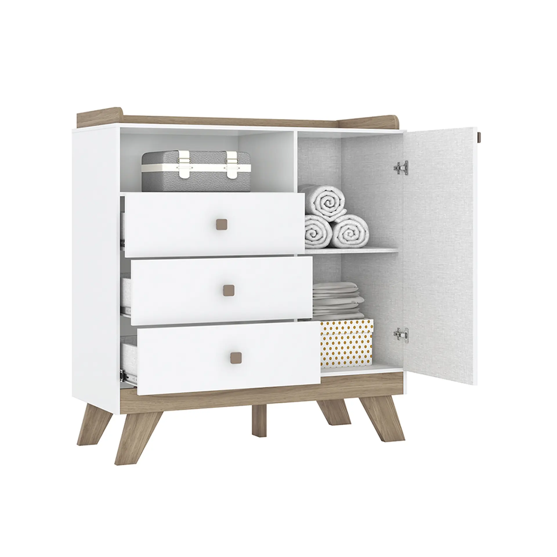 Cômoda Infantil 1 Portas Bater 3 Gavetas Confete Henn - Branco/Jequitiba HP