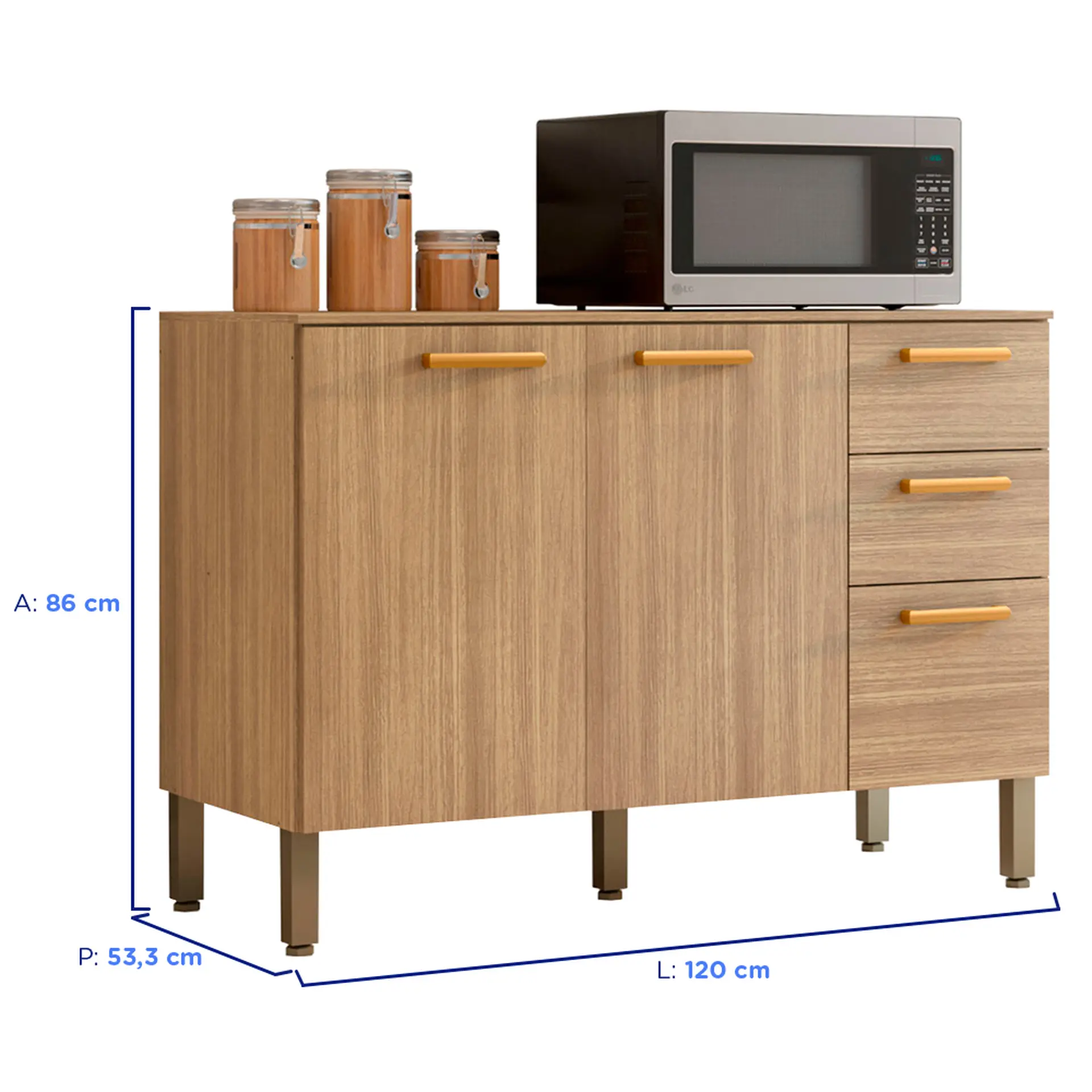 Balcão com Tampo 3 Portas 2 Gavetas 120cm em MDP Urbane Kit's Paraná - Freijo