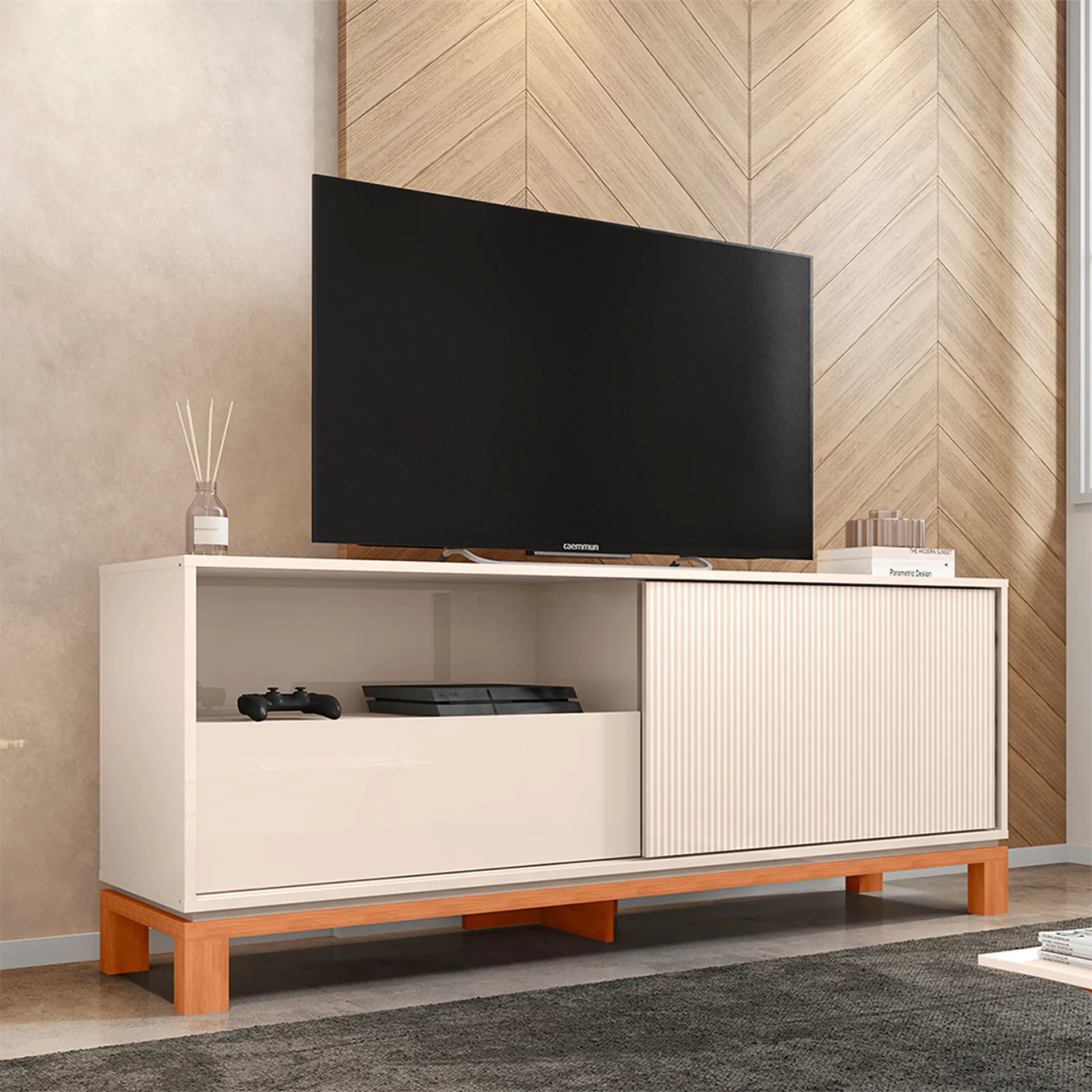 Rack para TV até 55" 01 Porta 01 Gaveta Mondrian Caemmun - Off White/Freijó