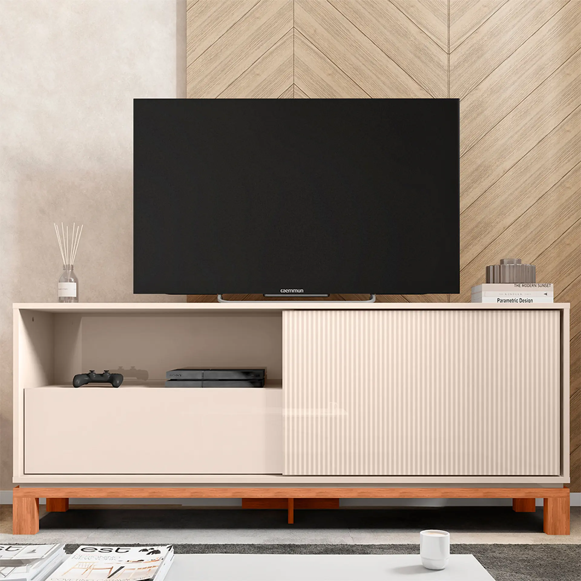 Rack para TV até 55" 01 Porta 01 Gaveta Mondrian Caemmun - Off White/Freijó