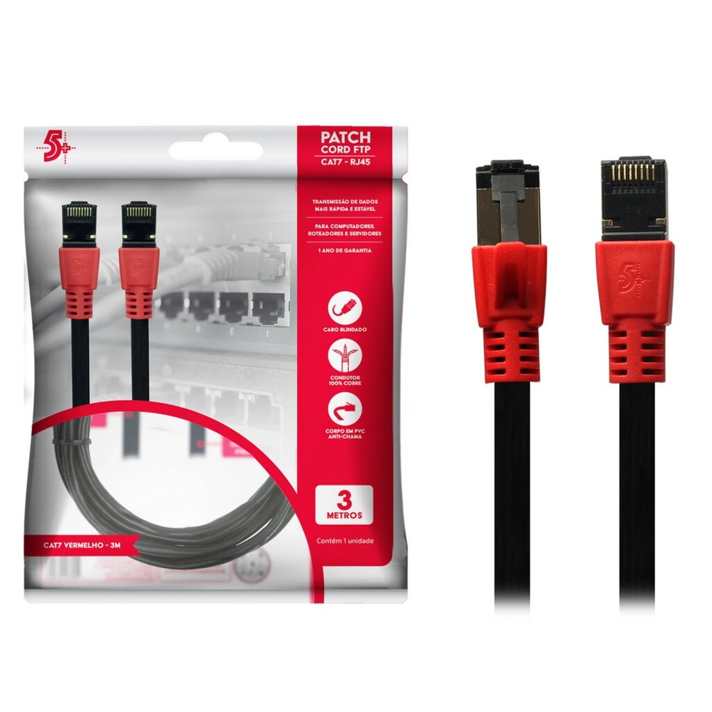 Cabo Patch Cord RJ45 Cat.7 FTP 600 MHz 10 Gbps 3m Preto 5+ 0180620