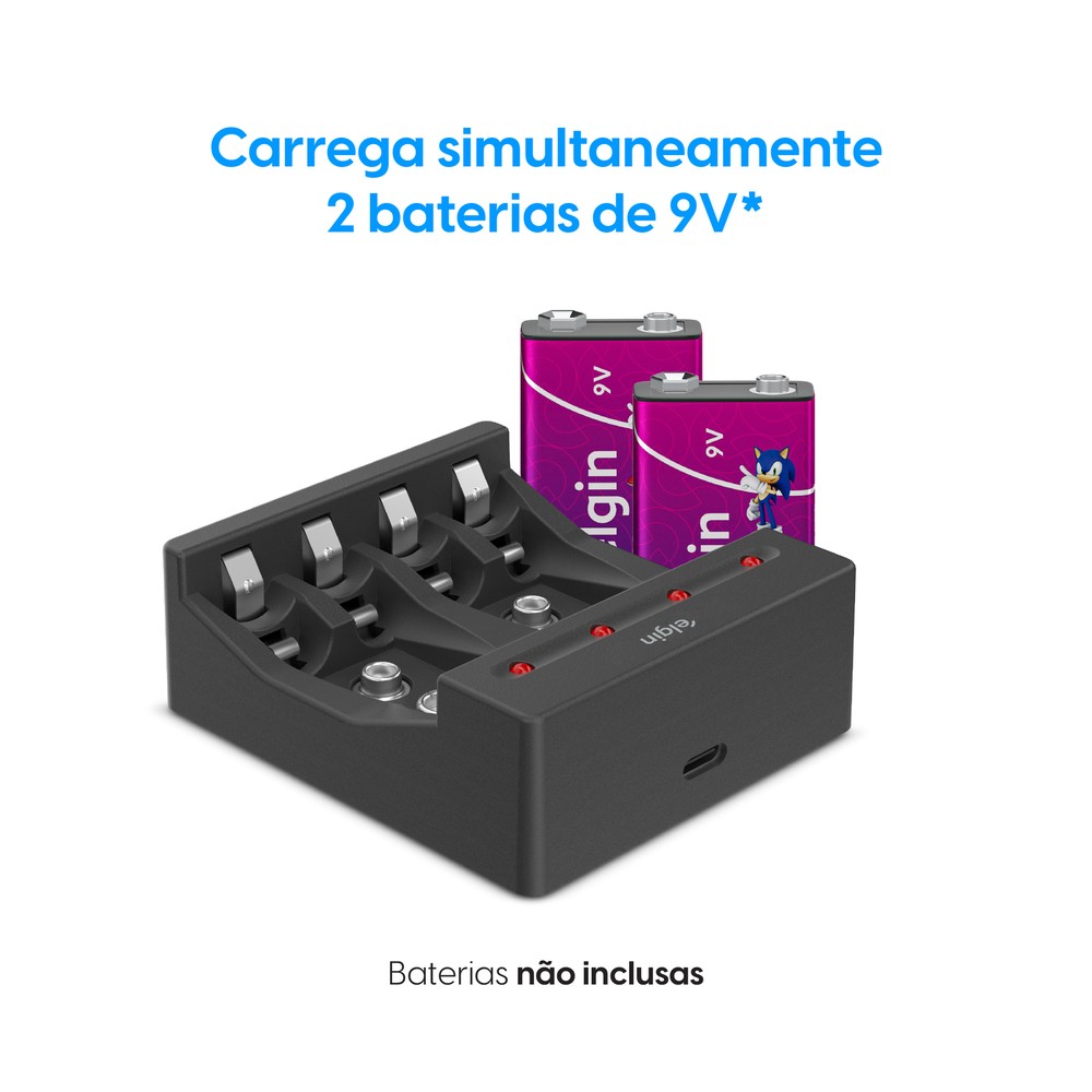 Carregador Pilhas 2 ou 4 Pilhas AA/AAA/9V Bivolt Elgin 46RSCUSB00NP Pilhas e Baterias não inclusas