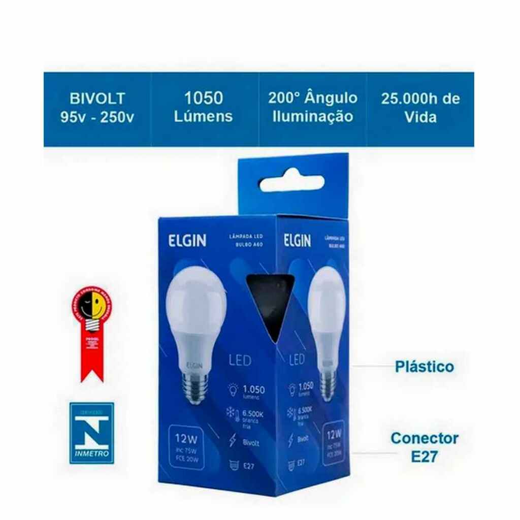 Lâmpada Led Bulbo 12 Watts A60 6500K Branco E27 Bivolt Elgin - 48BLED2F12YU