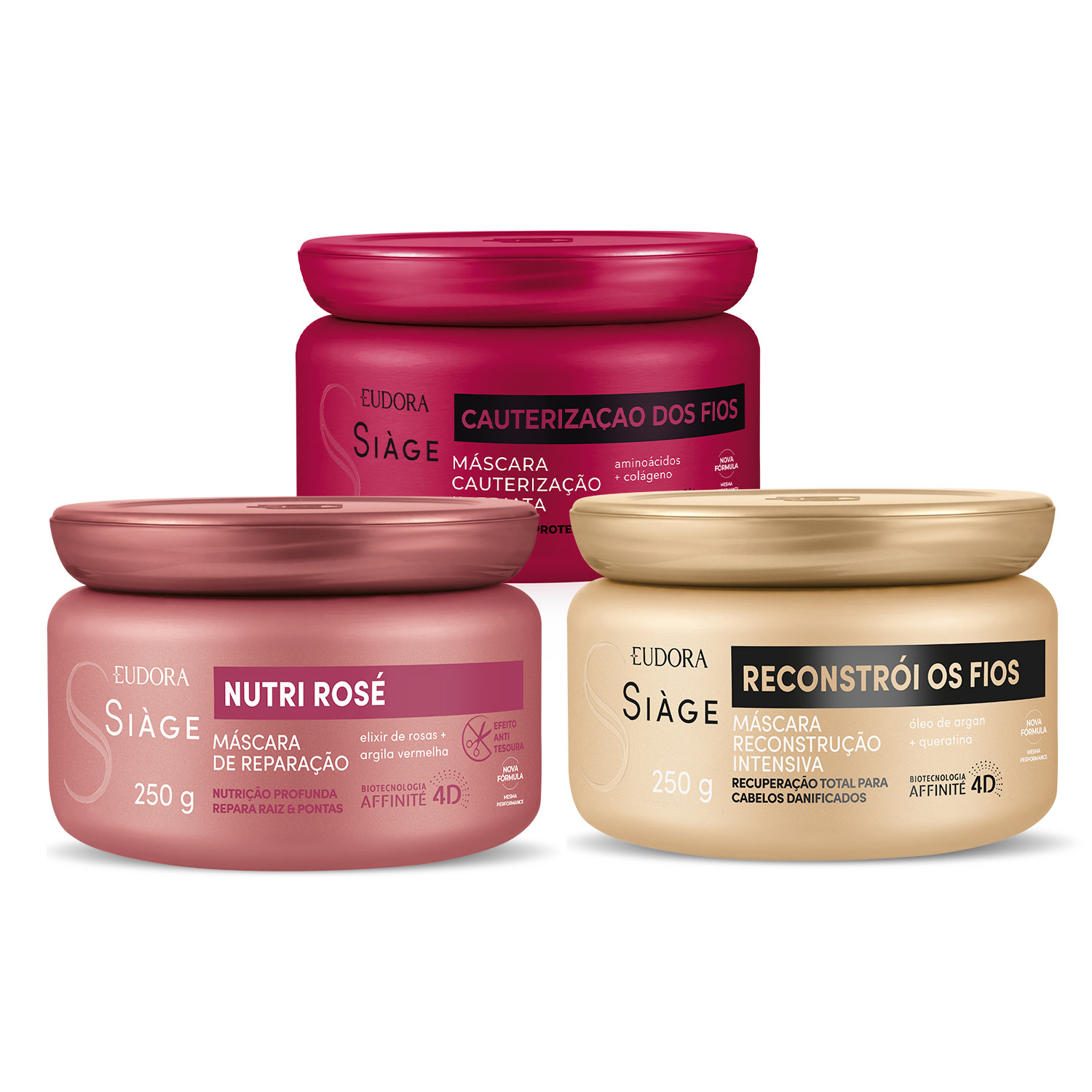 Combo Cronograma Capilar Siàge: Cauterização dos Fios 250g + Reconstrói os Fios 250g + Nutri Rosé 250g