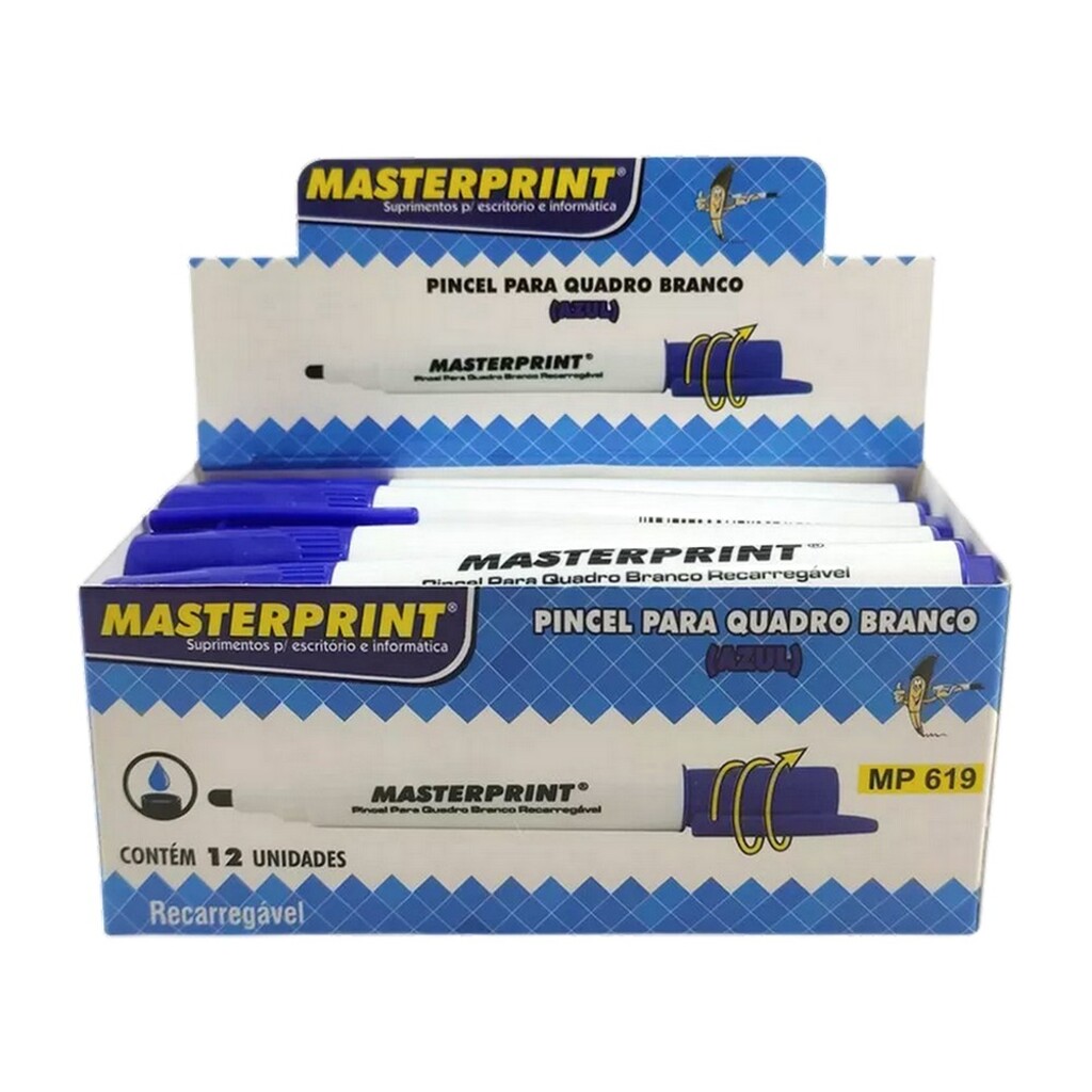 Caneta Quadro Branco Recarregável Azul Caixa com 12 Unidades - Masterprint - MP619