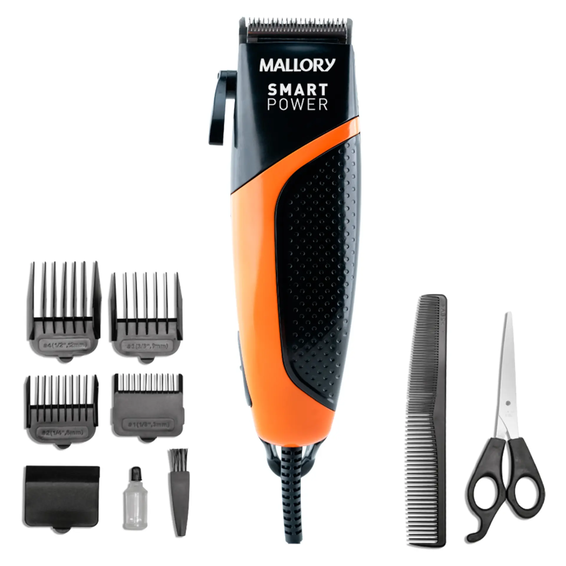 Máquina de Cortar Cabelo Mallory Smart Power CR07 4 Pentes Com Fio - Preto/Laranja - 220 Volts