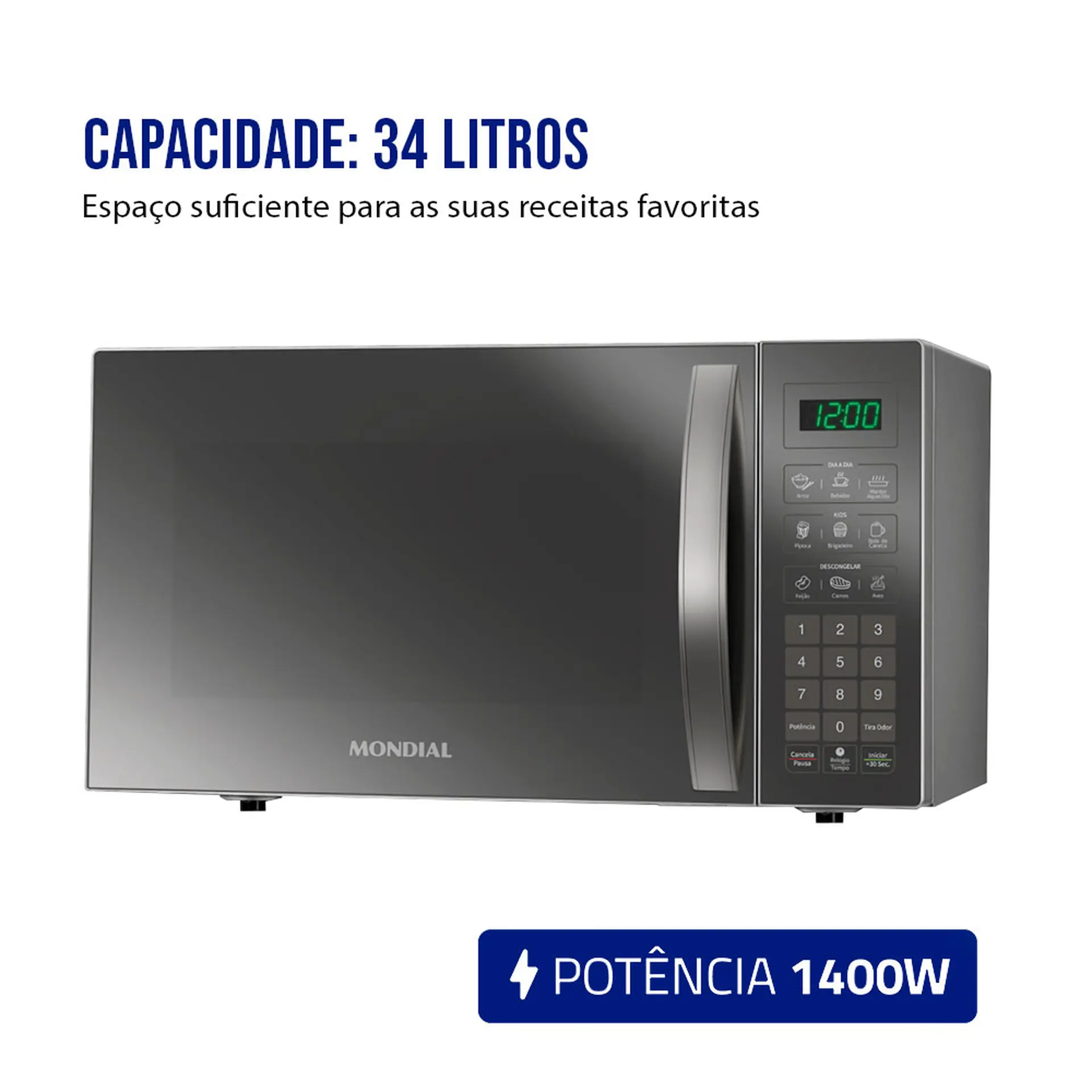 Micro-ondas de Bancada Mondial 34L Espelhado Menu dia a dia MO-02-34-E - Prata/Espelhado - 110 Volts