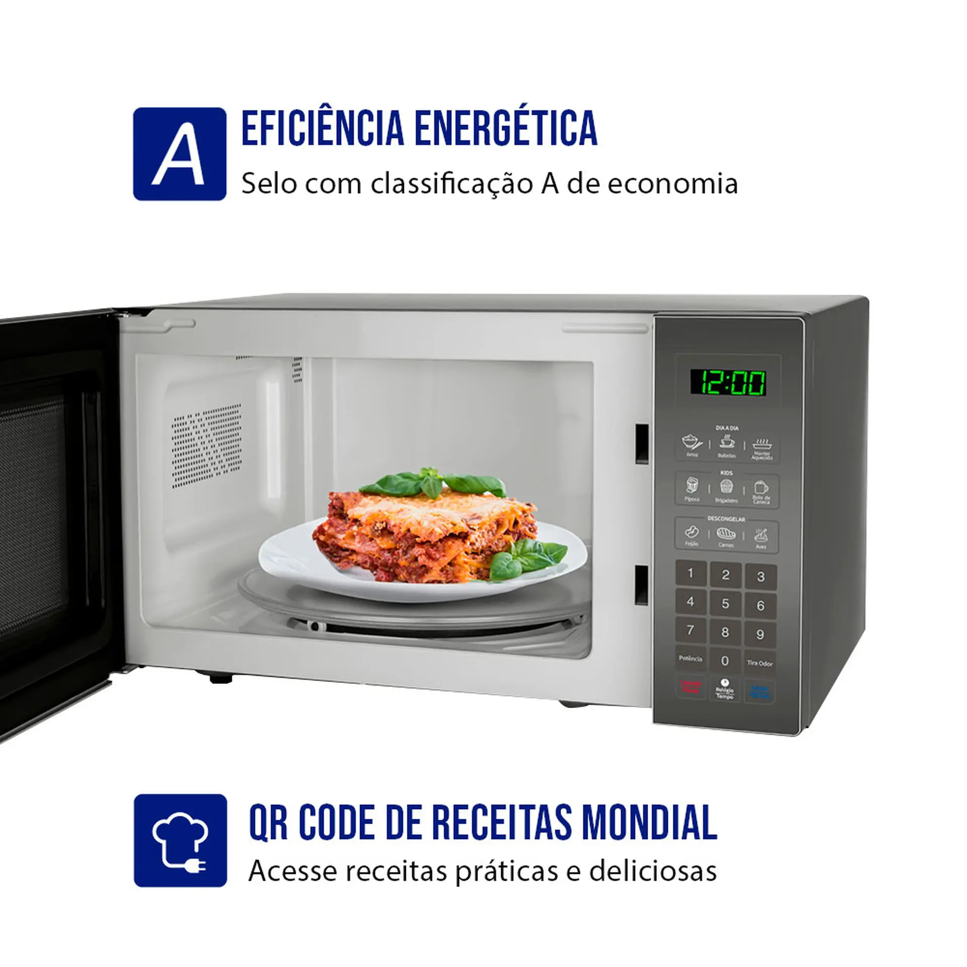 Micro-ondas de Bancada Mondial 34L Espelhado Menu dia a dia MO-02-34-E - Prata/Espelhado - 110 Volts