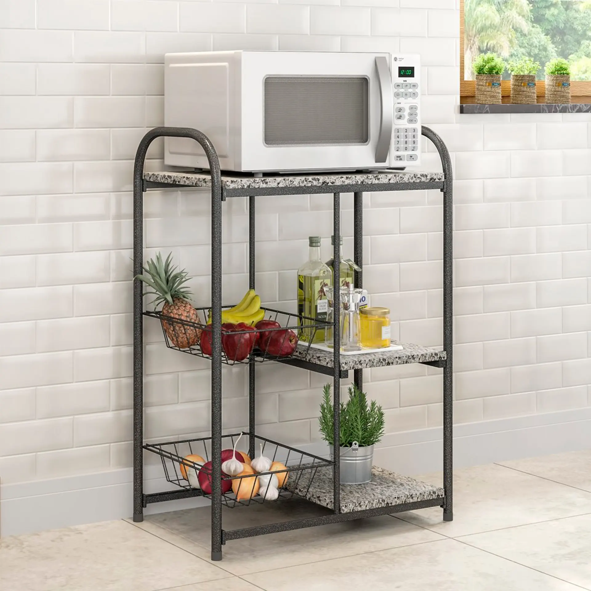 Balcão Fruteira Multiuso com Tampo 65cm Aspen Fabone - Preto/Prata