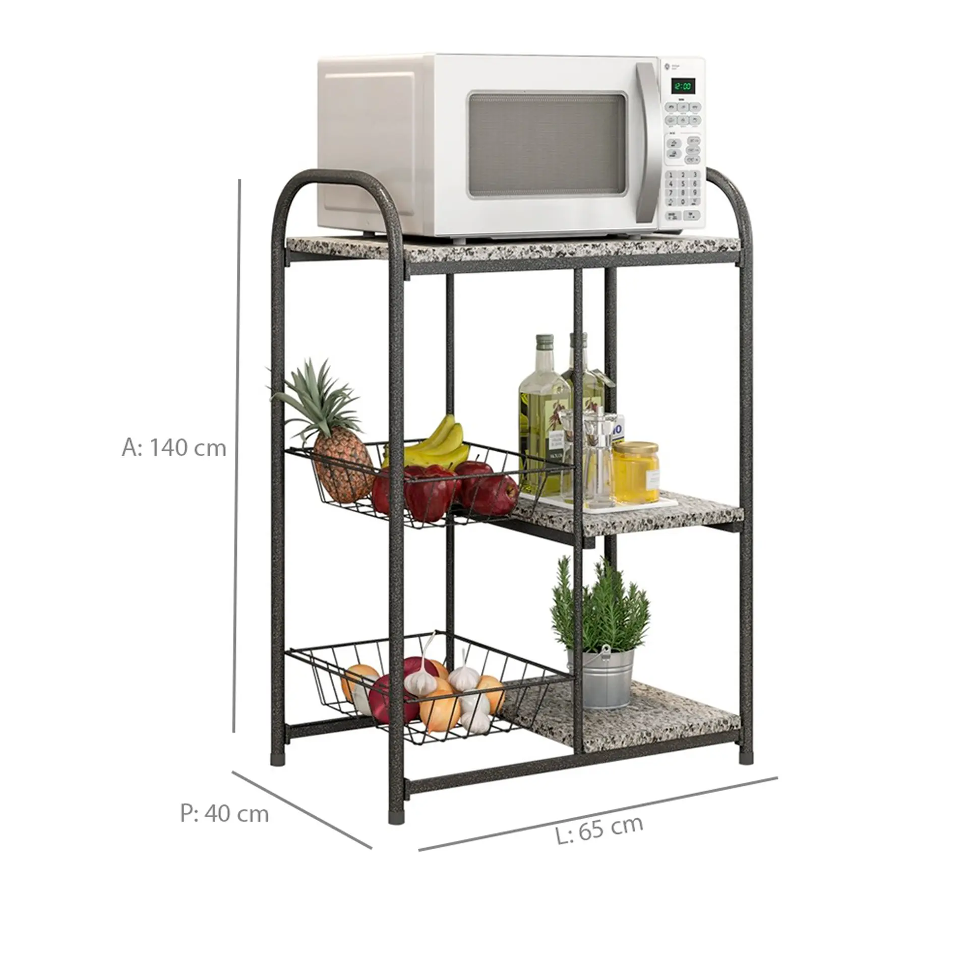 Balcão Fruteira Multiuso com Tampo 65cm Aspen Fabone - Preto/Prata