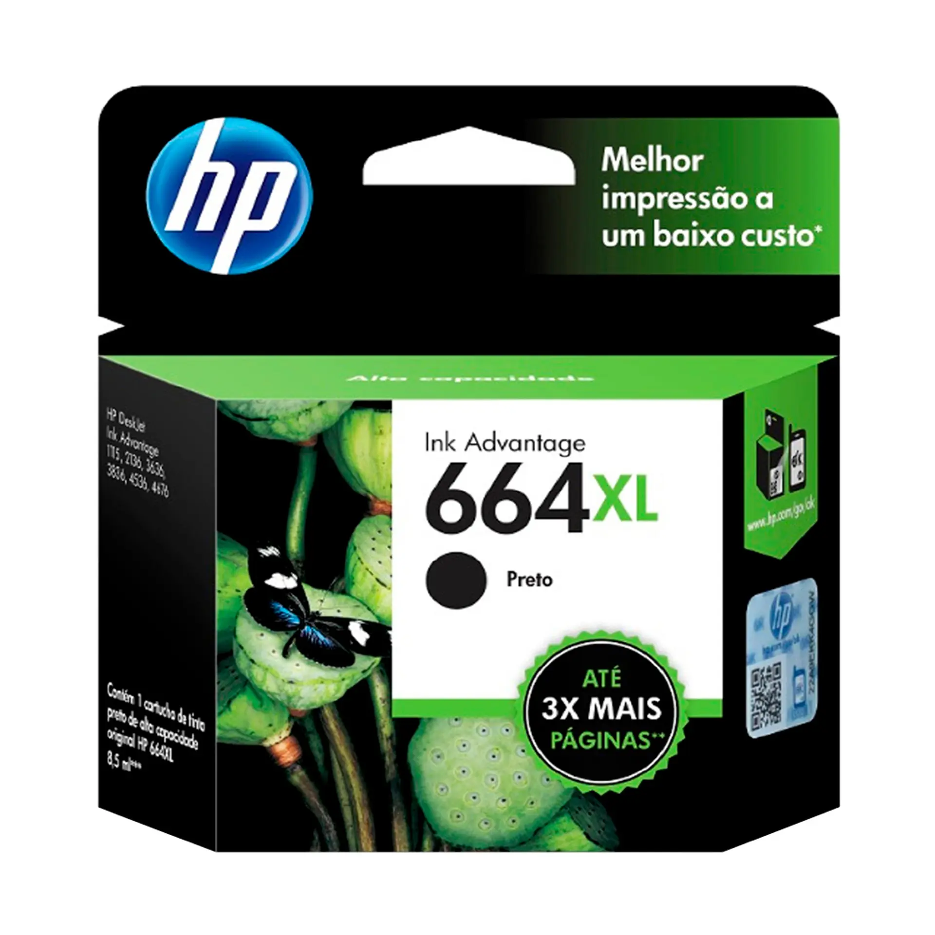 Cartucho de Tinta HP Preto Nº664 Original até 480 Páginas F6V29AB