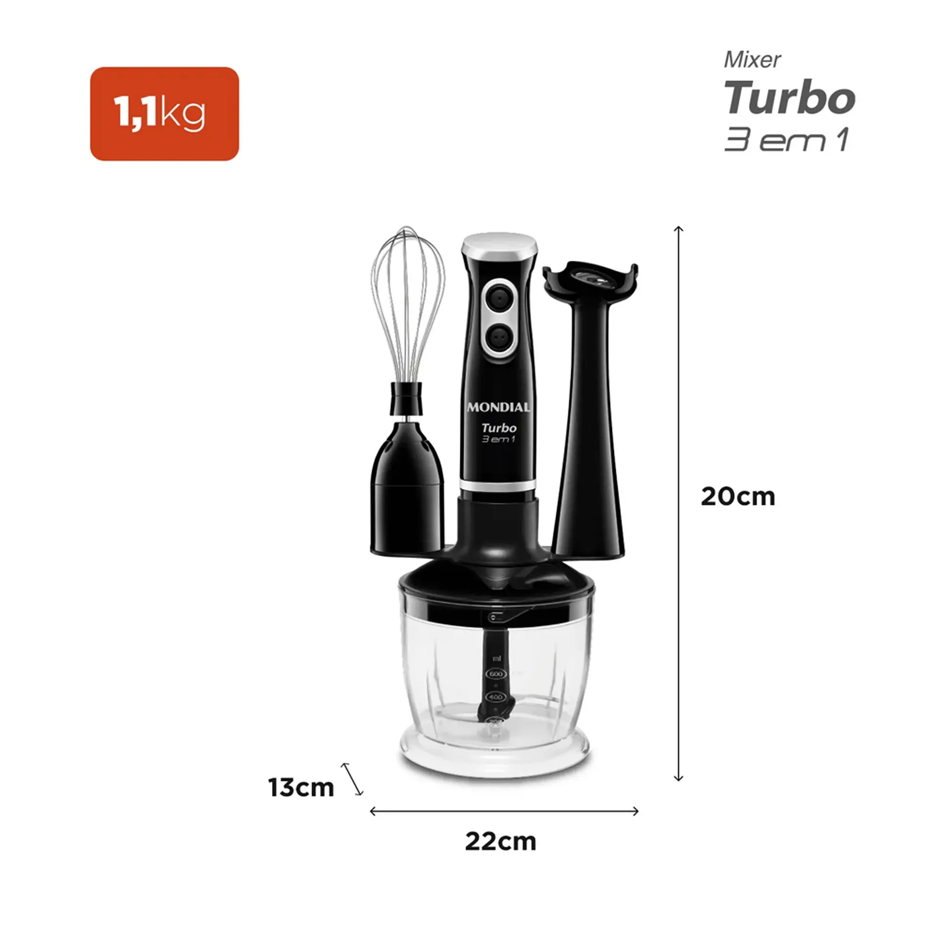 Mixer Mondial M-14 3 em 1 Lâmina em Aço Inox 600ML 350W - Preto - 110 Volts