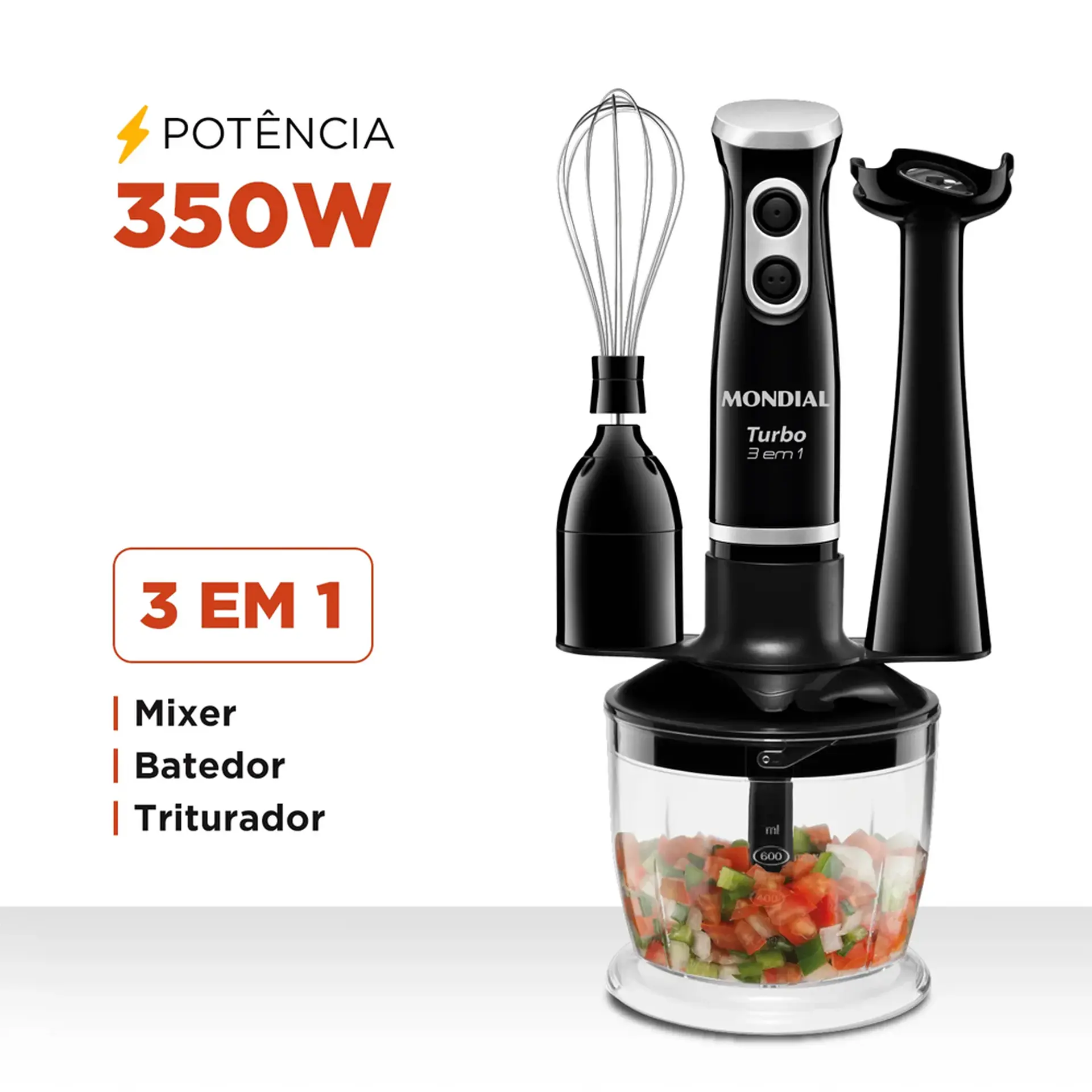 Mixer Mondial M-14 3 em 1 Lâmina em Aço Inox 600ML 350W - Preto - 110 Volts