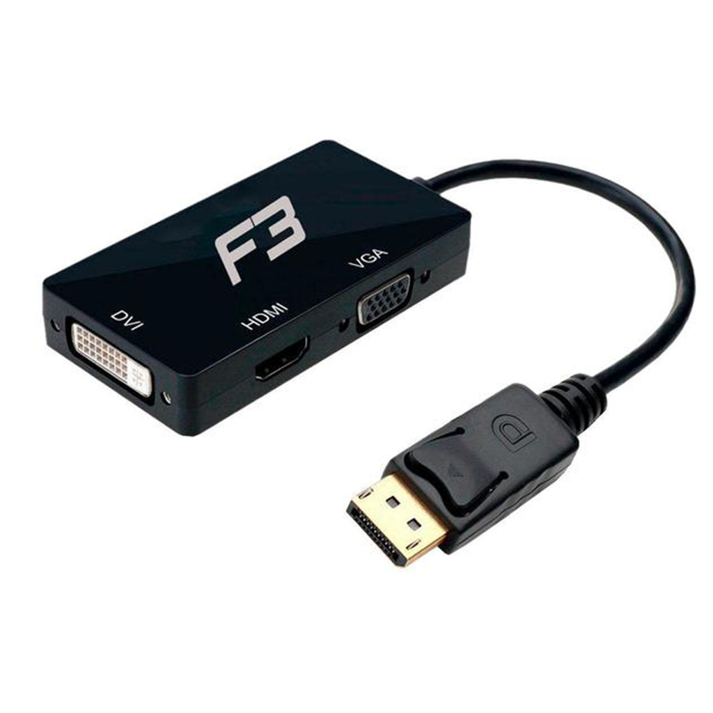 Conversor DisplayPort Macho para VGA/DVI/HDMI Fêmea Preto F3 - 1037 - com Cabo de 15cm