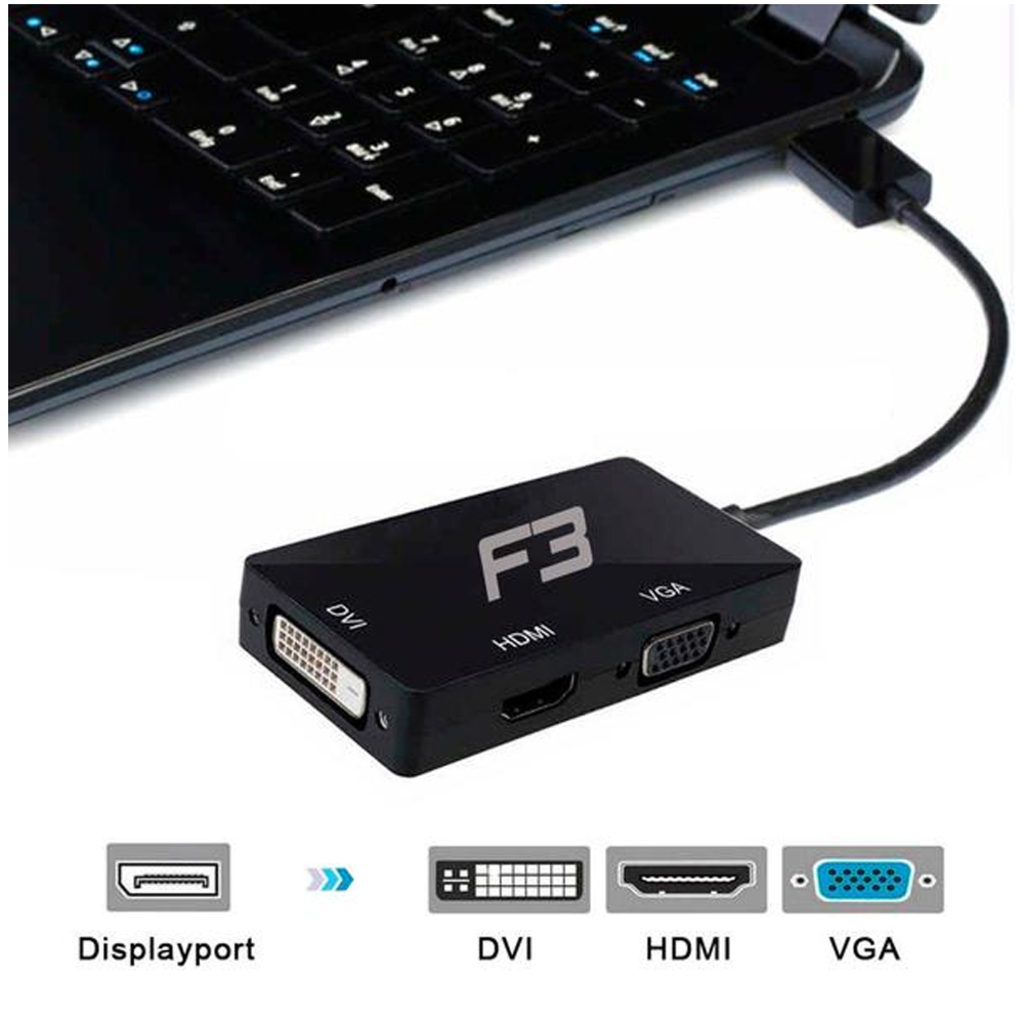 Conversor DisplayPort Macho para VGA/DVI/HDMI Fêmea Preto F3 - 1037 - com Cabo de 15cm