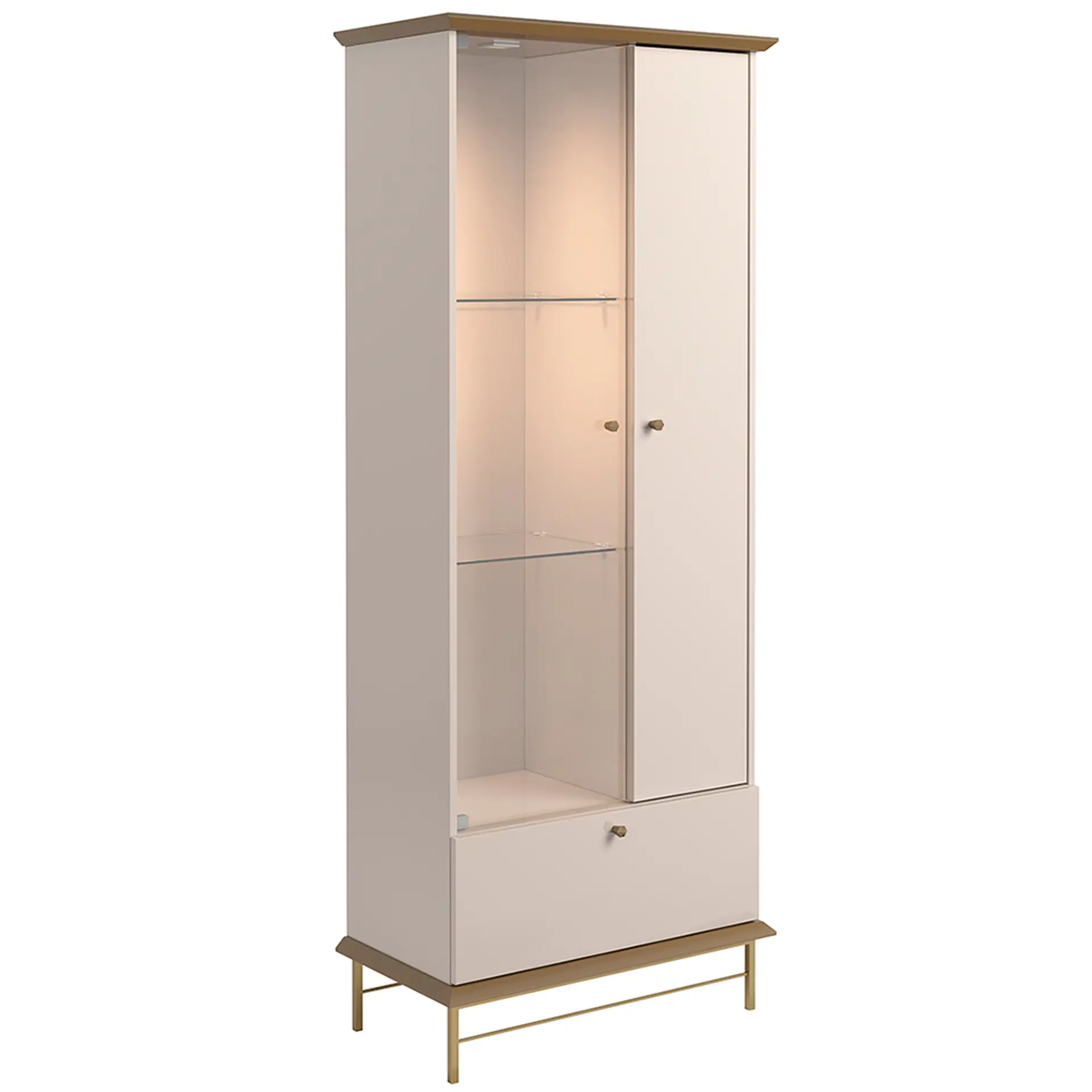 Cristaleira 2 Portas MDF e Vidro Império Lukaliam - Off White/Dourado