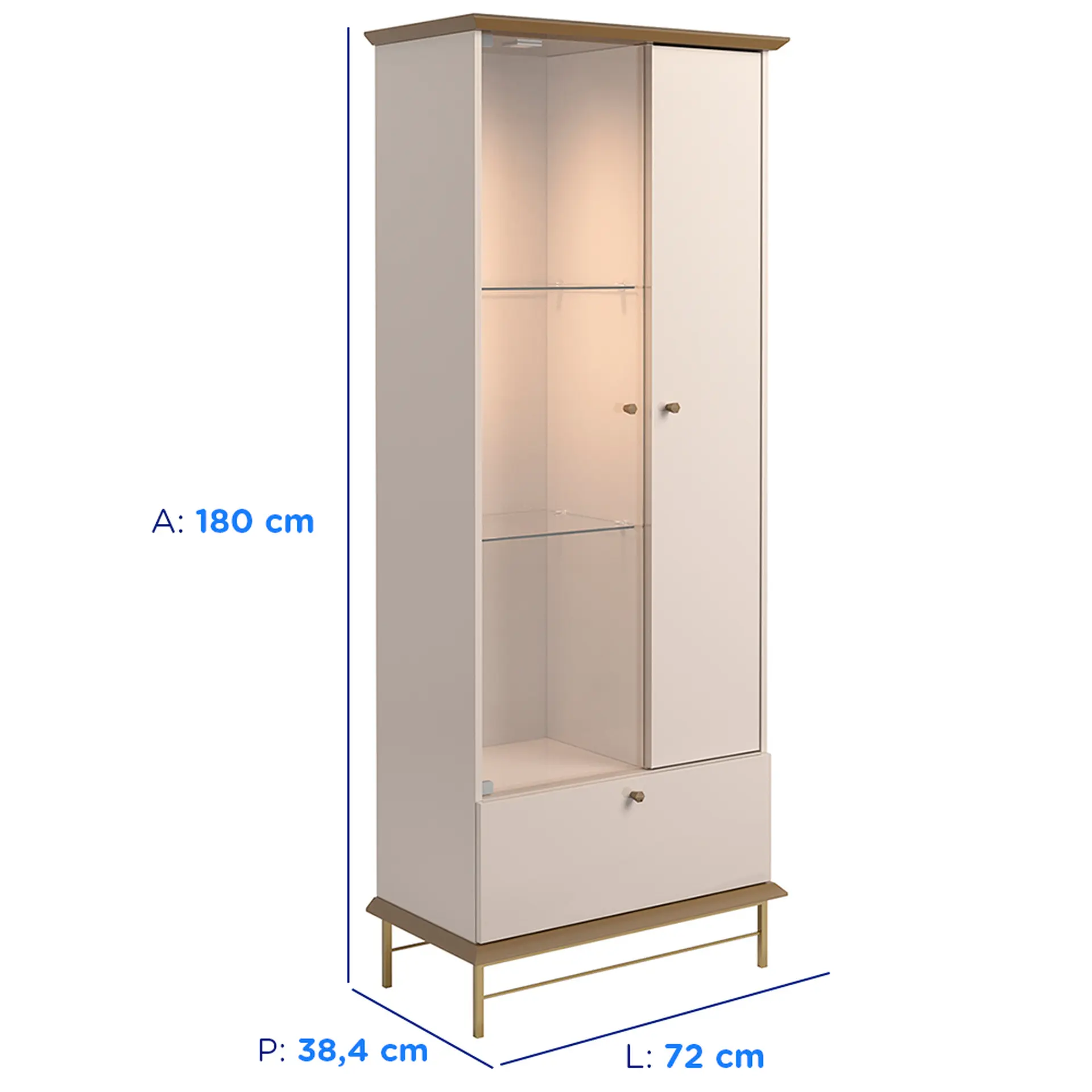 Cristaleira 2 Portas MDF e Vidro Império Lukaliam - Off White/Dourado