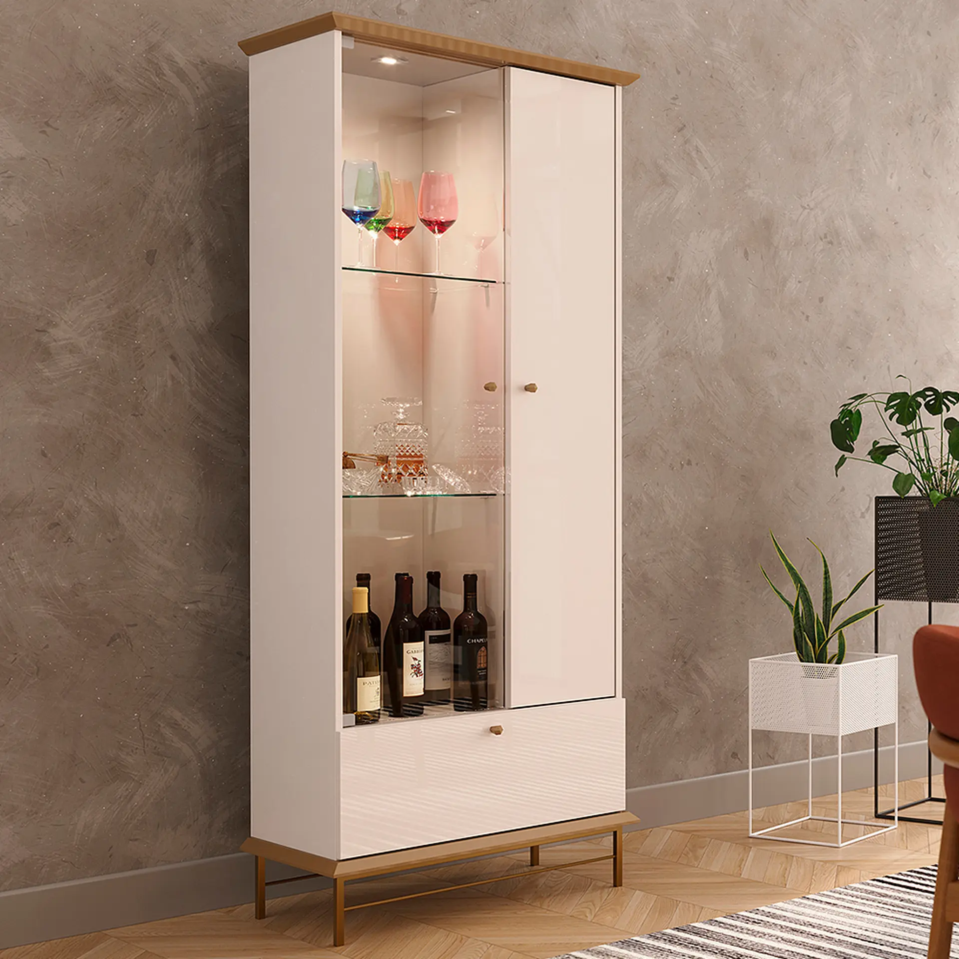 Cristaleira 2 Portas MDF e Vidro Império Lukaliam - Off White/Dourado