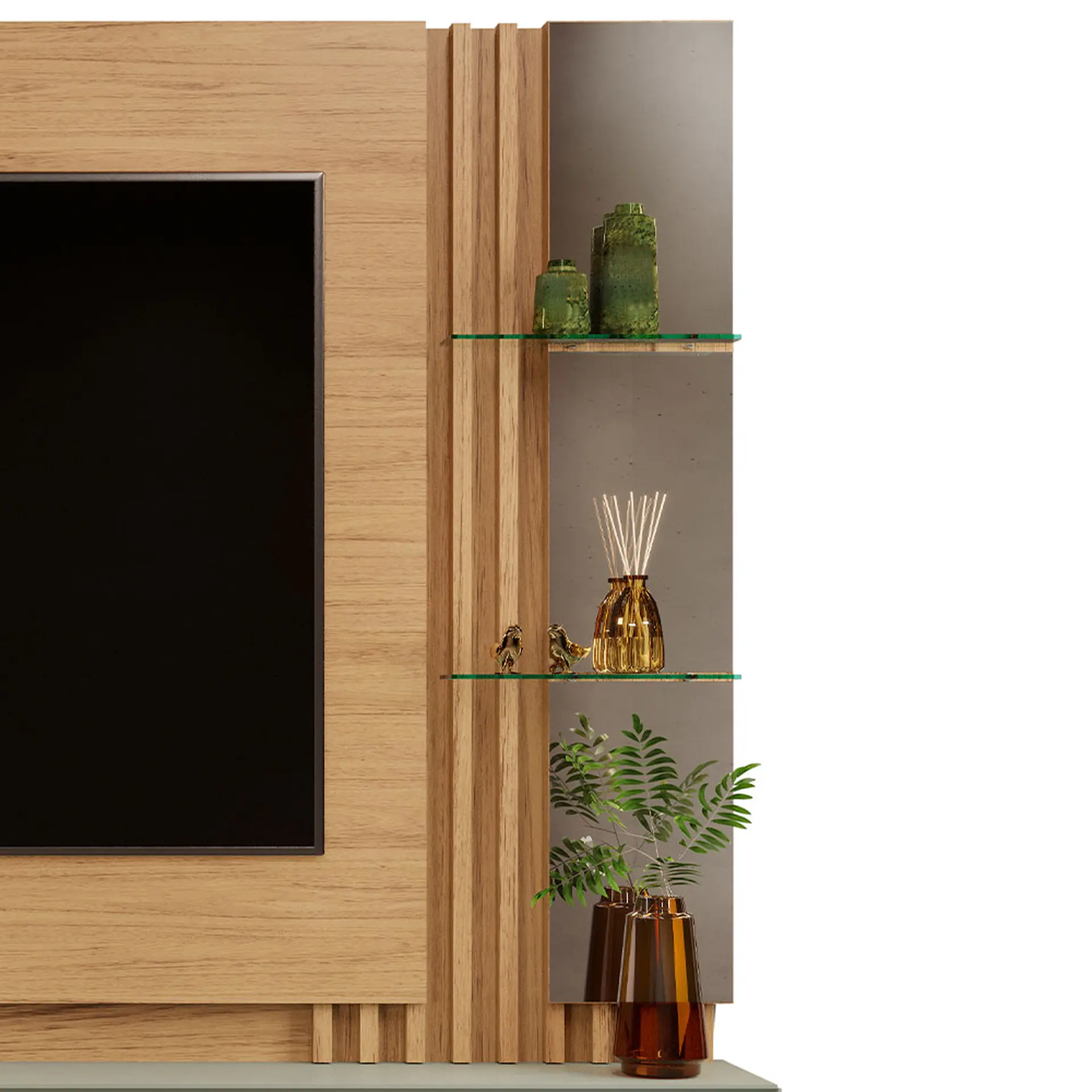 Painel para TV até 70" com LED e Espelho Pietro DJ Móveis - Carvalho Natural/Alecrim