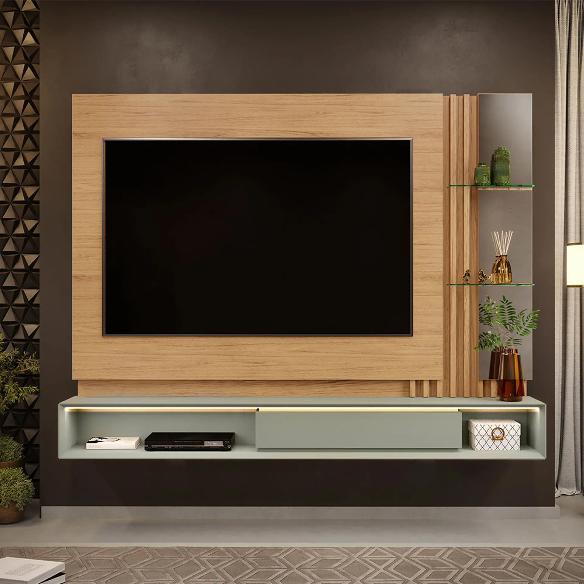 Painel para TV até 70" com LED e Espelho Pietro DJ Móveis - Carvalho Natural/Alecrim