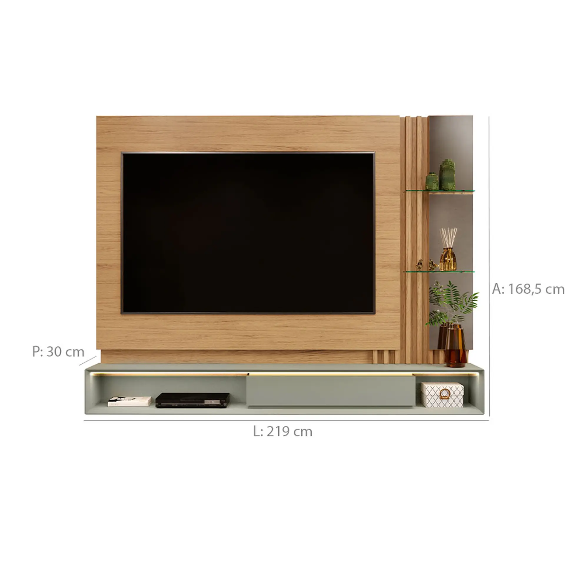 Painel para TV até 70" com LED e Espelho Pietro DJ Móveis - Carvalho Natural/Alecrim