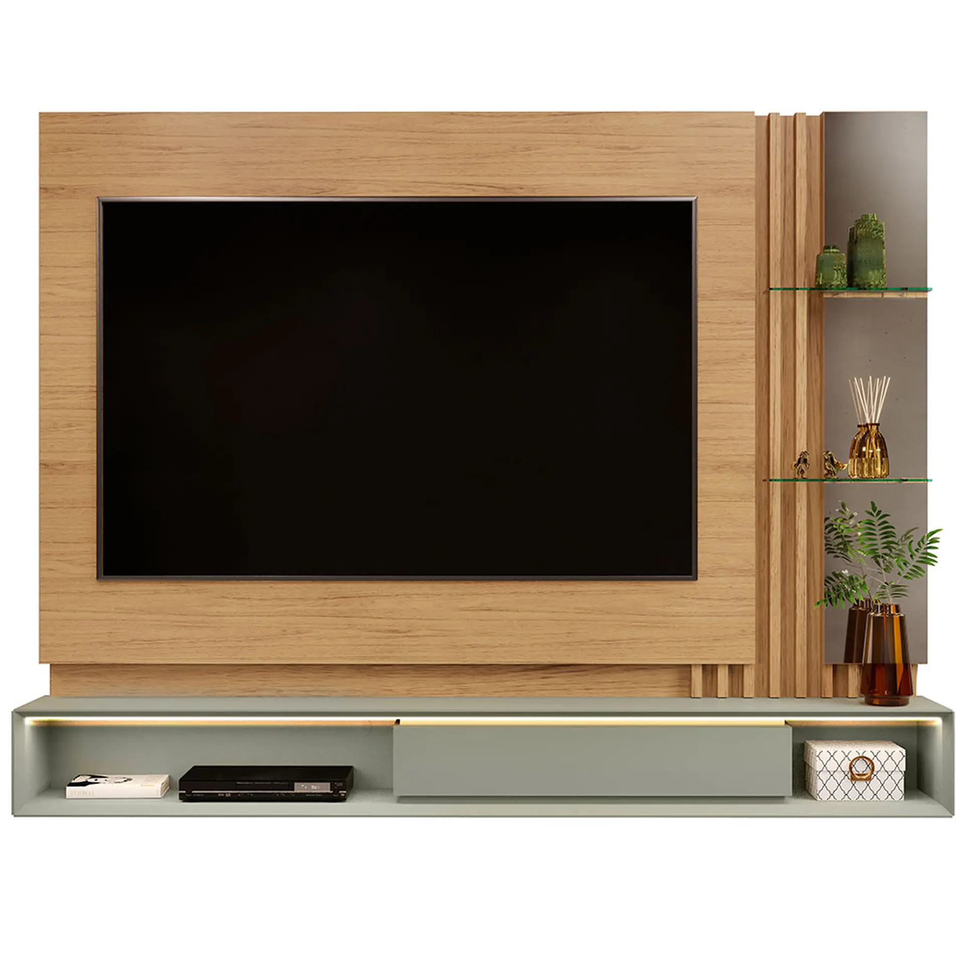 Painel para TV até 70" com LED e Espelho Pietro DJ Móveis - Carvalho Natural/Alecrim