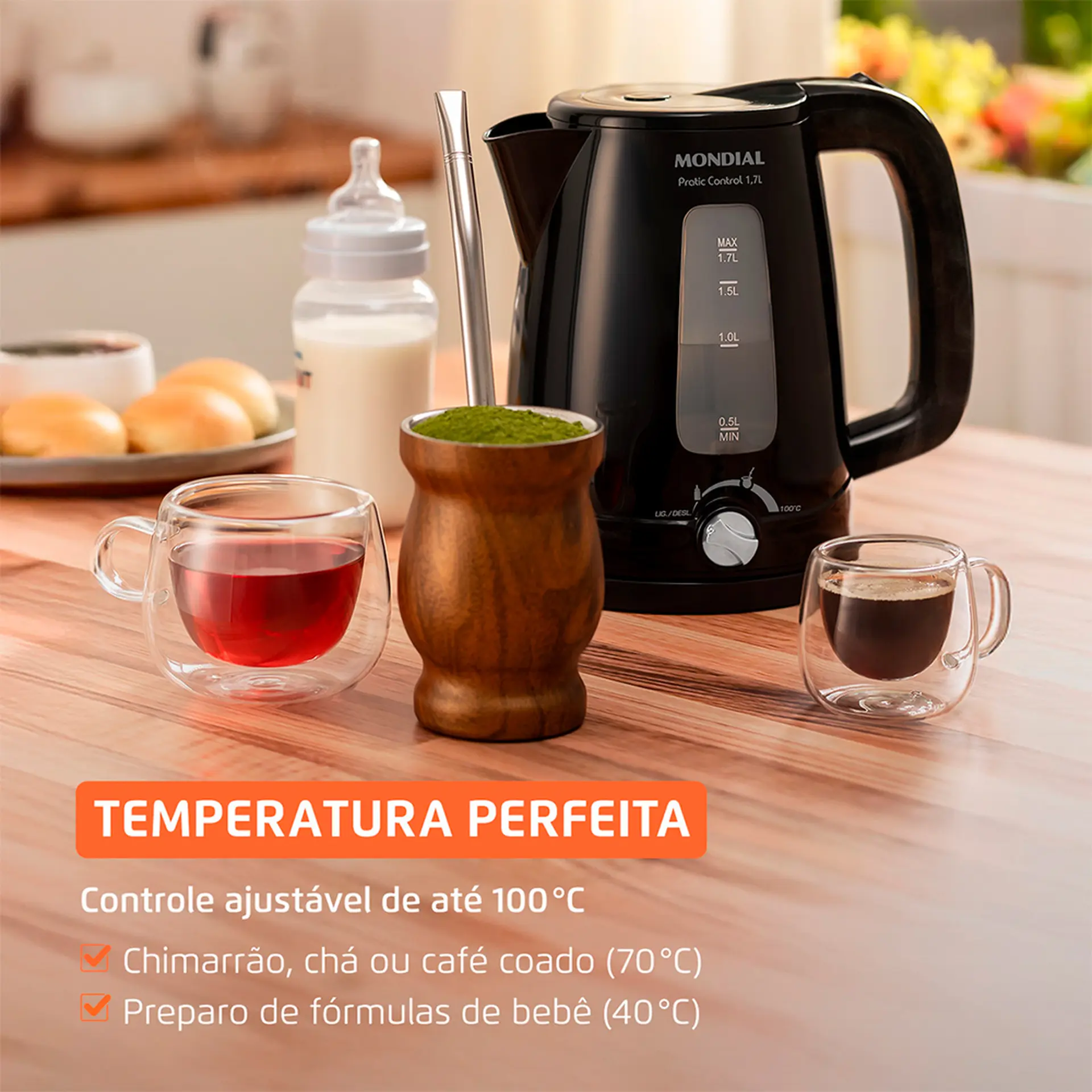 Chaleira Elétrica Mondial Pratic Control 1,7L 1200W - Preto - 220 Volts