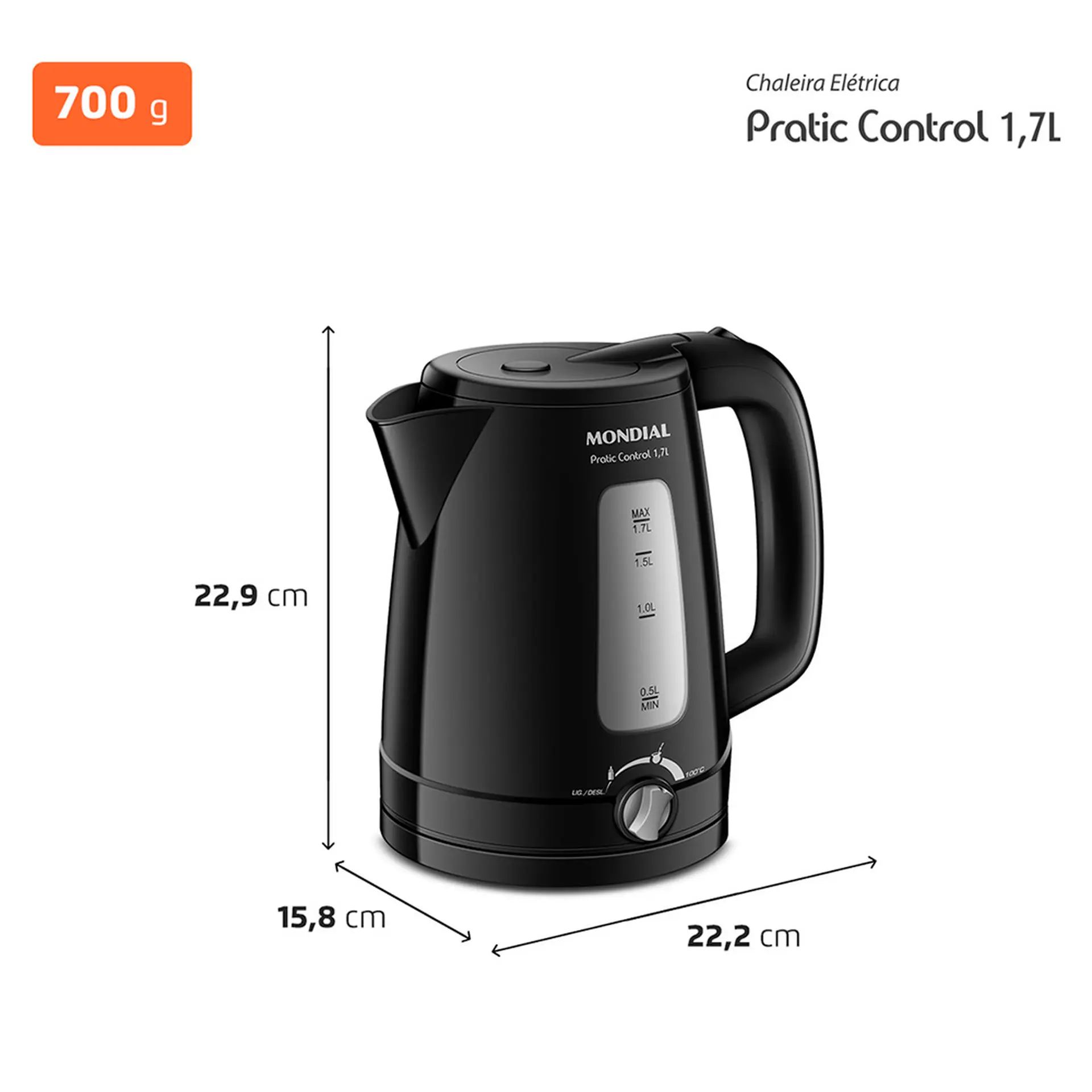 Chaleira Elétrica Mondial Pratic Control 1,7L 1200W - Preto - 220 Volts