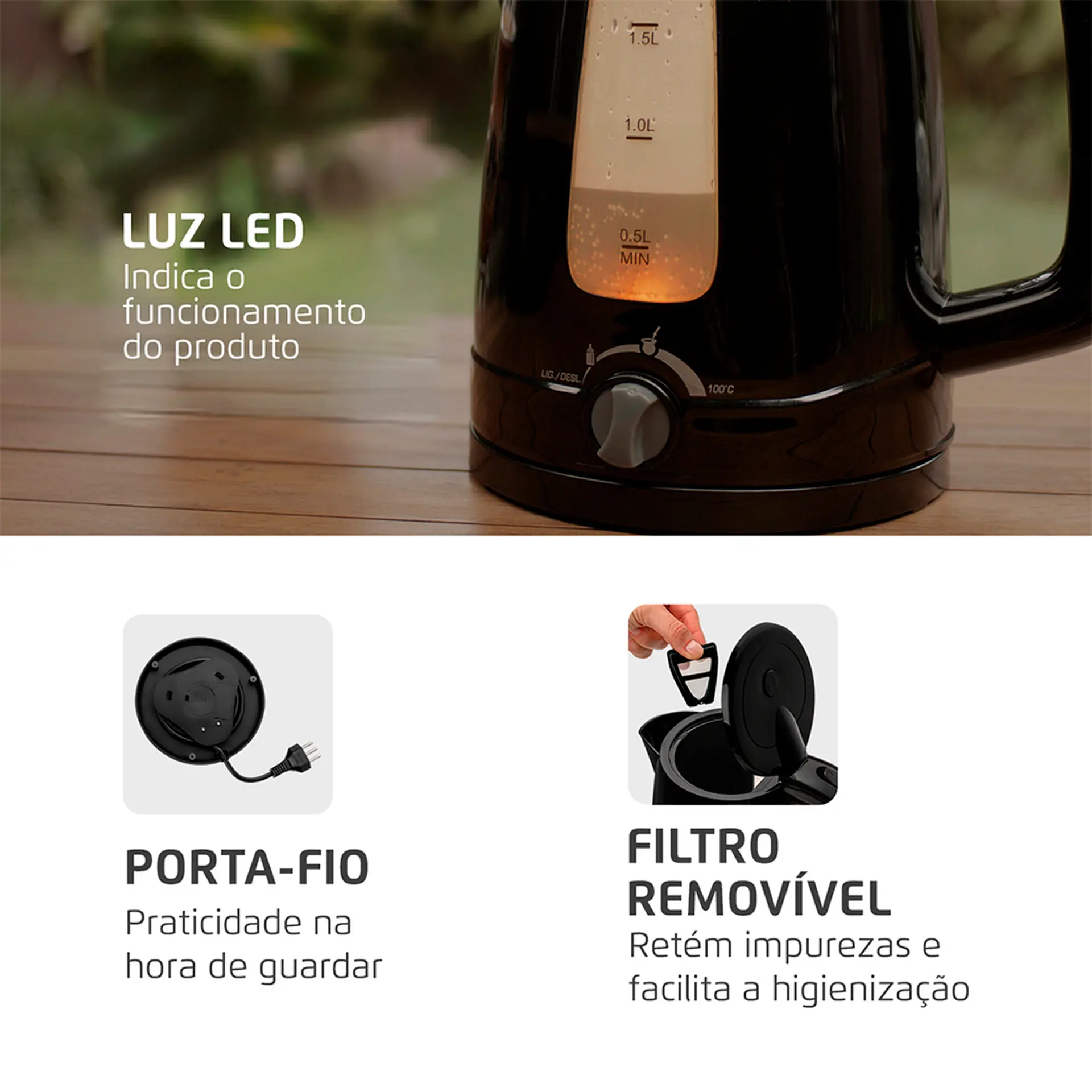 Chaleira Elétrica Mondial Pratic Control 1,7L 1200W - Preto - 220 Volts