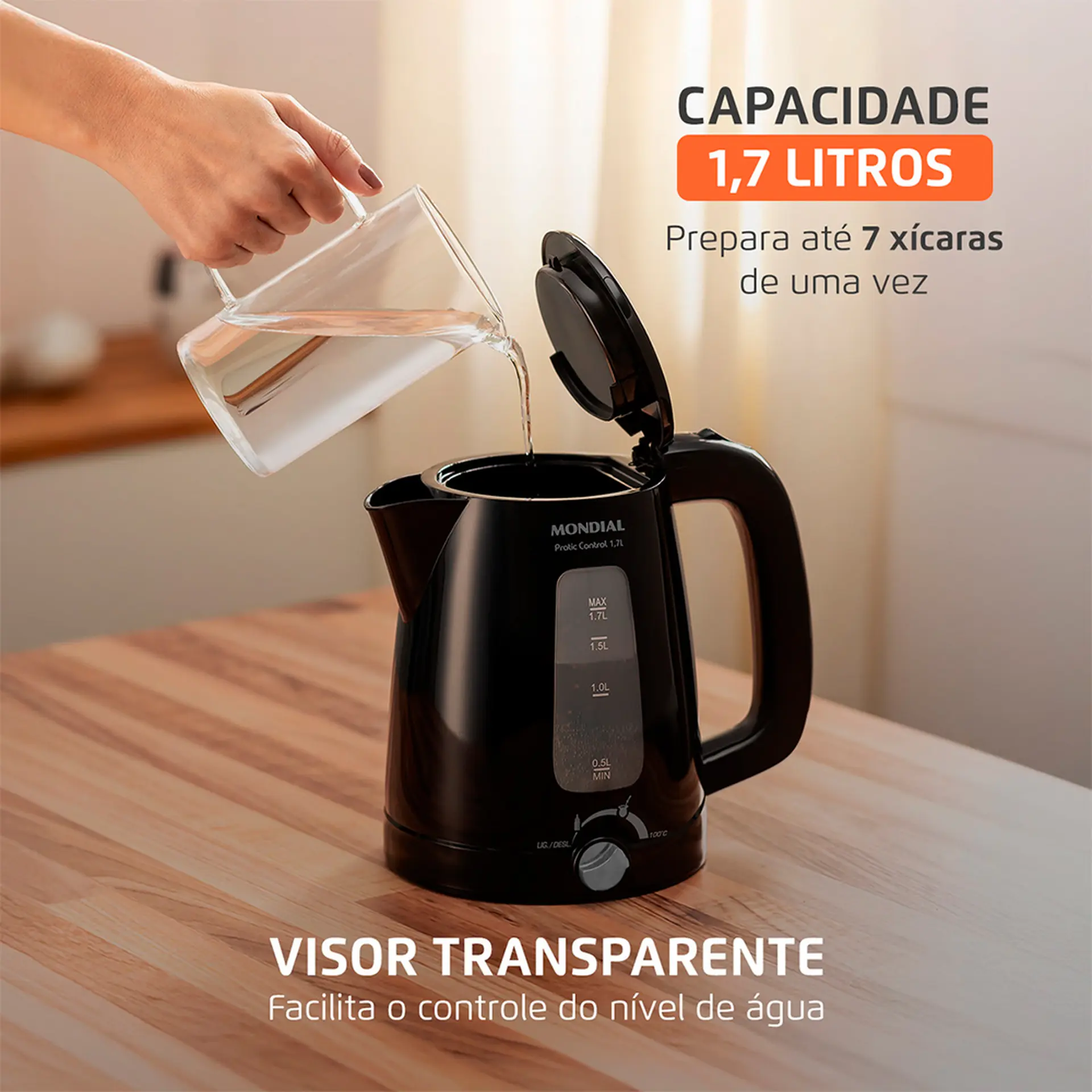 Chaleira Elétrica Mondial Pratic Control 1,7L 1200W - Preto - 220 Volts