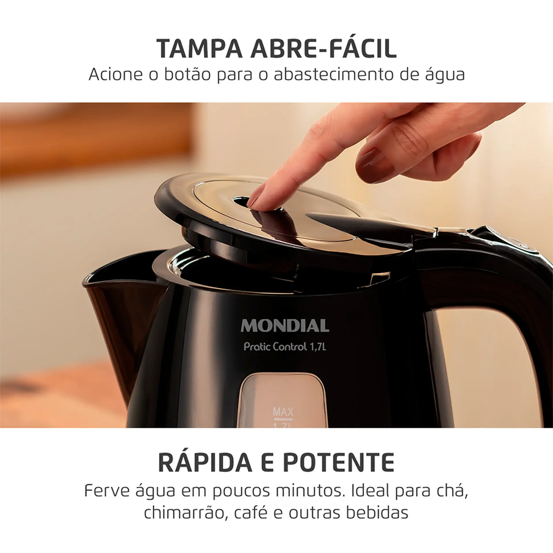 Chaleira Elétrica Mondial Pratic Control 1,7L 1200W - Preto - 220 Volts