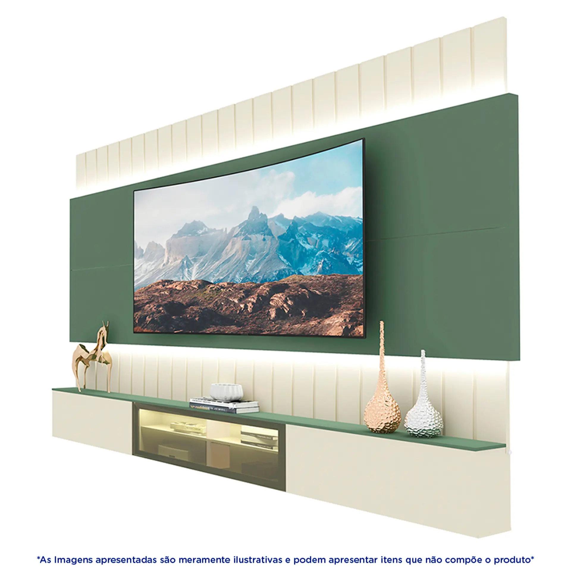 Estante Home para TV até 85" 3 Portas Soberano Gelius - Off White/Verde Floresta