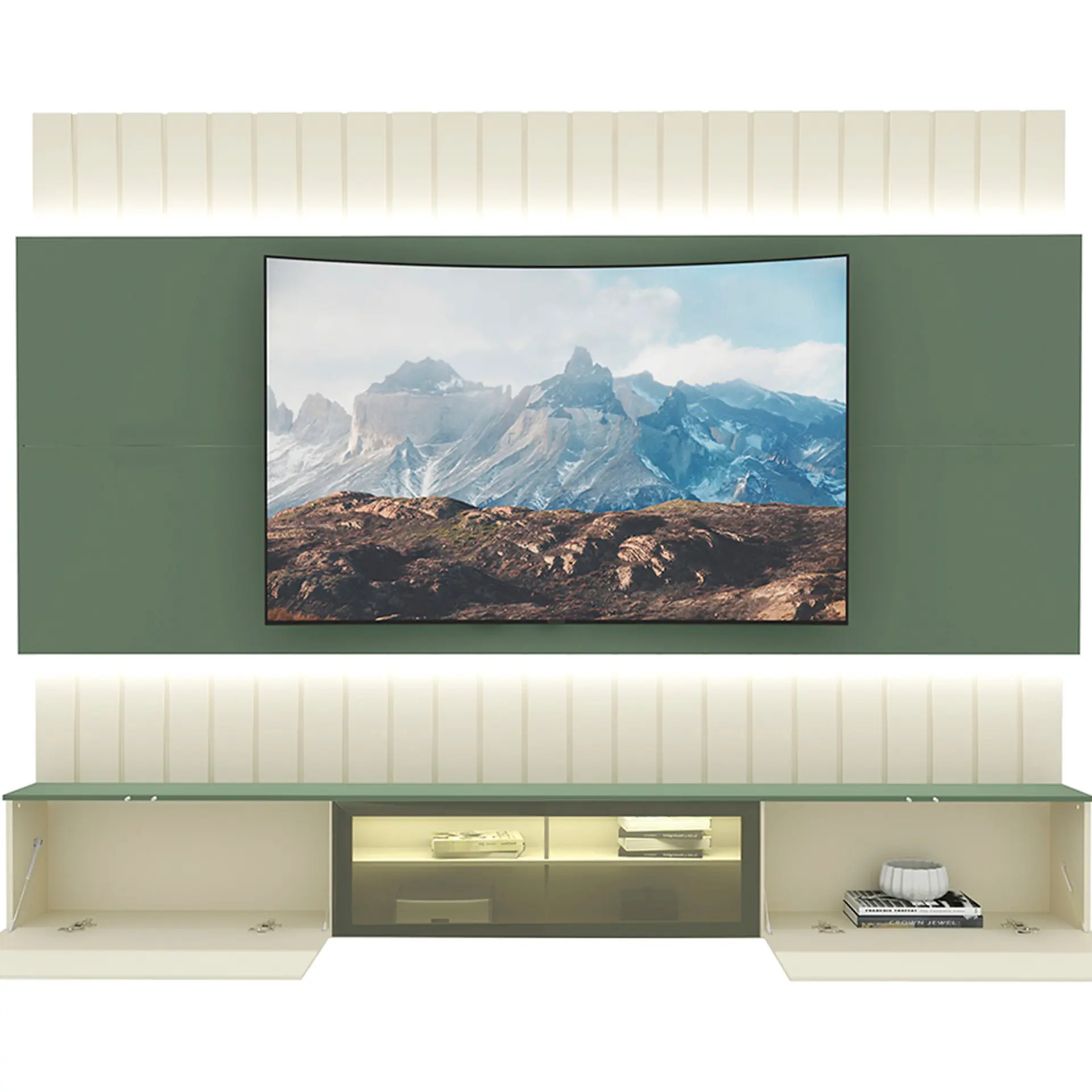 Estante Home para TV até 85" 3 Portas Soberano Gelius - Off White/Verde Floresta