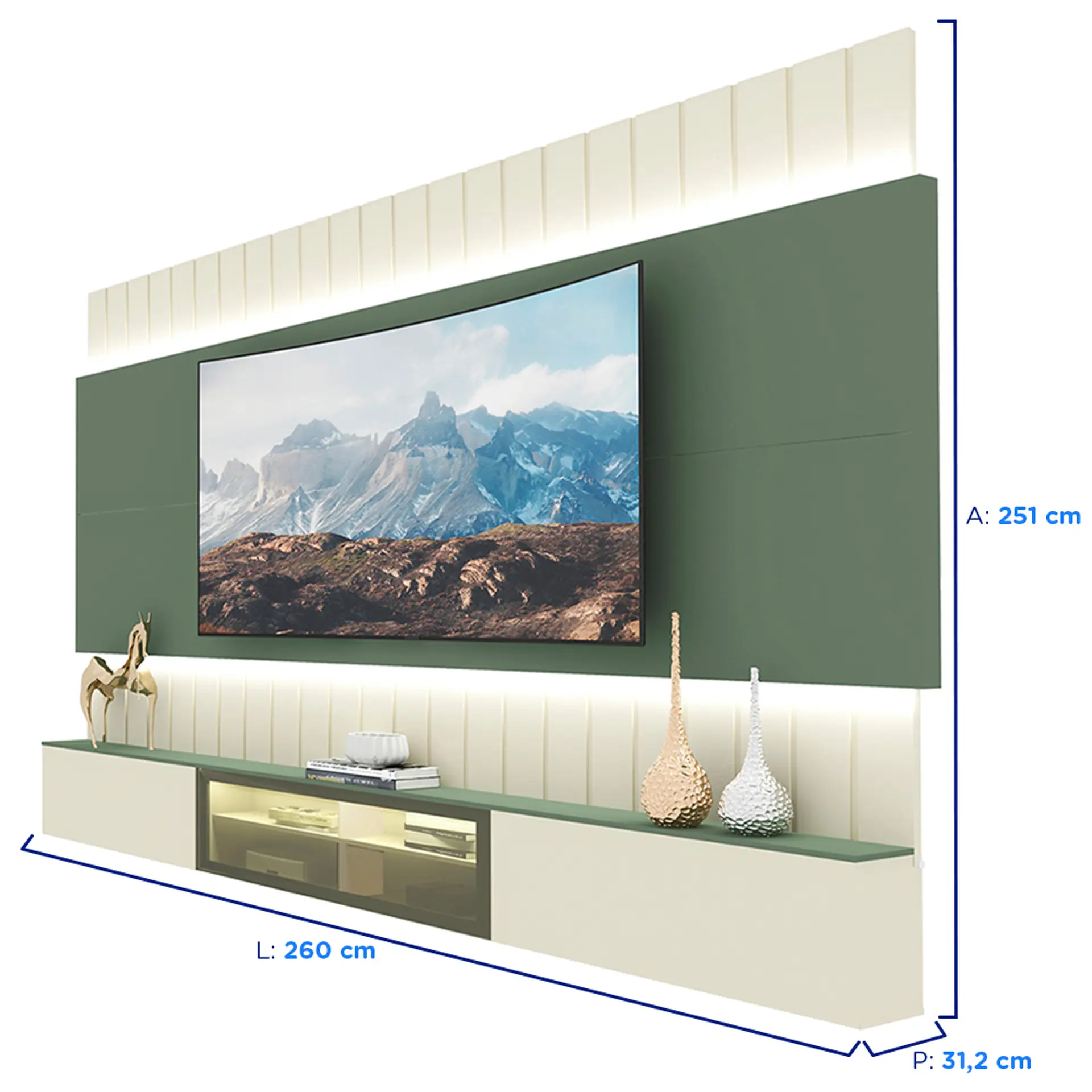 Estante Home para TV até 85" 3 Portas Soberano Gelius - Off White/Verde Floresta
