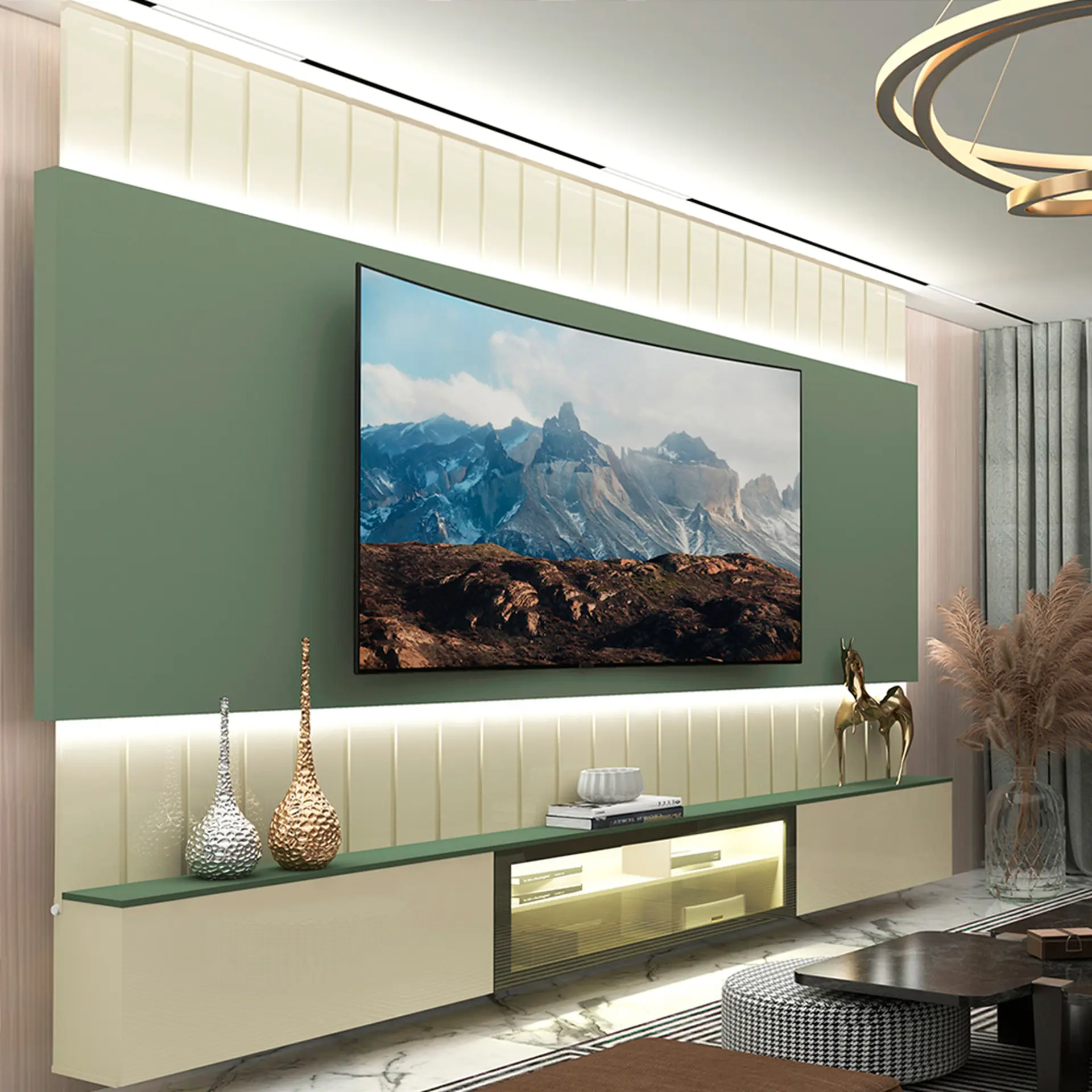 Estante Home para TV até 85" 3 Portas Soberano Gelius - Off White/Verde Floresta