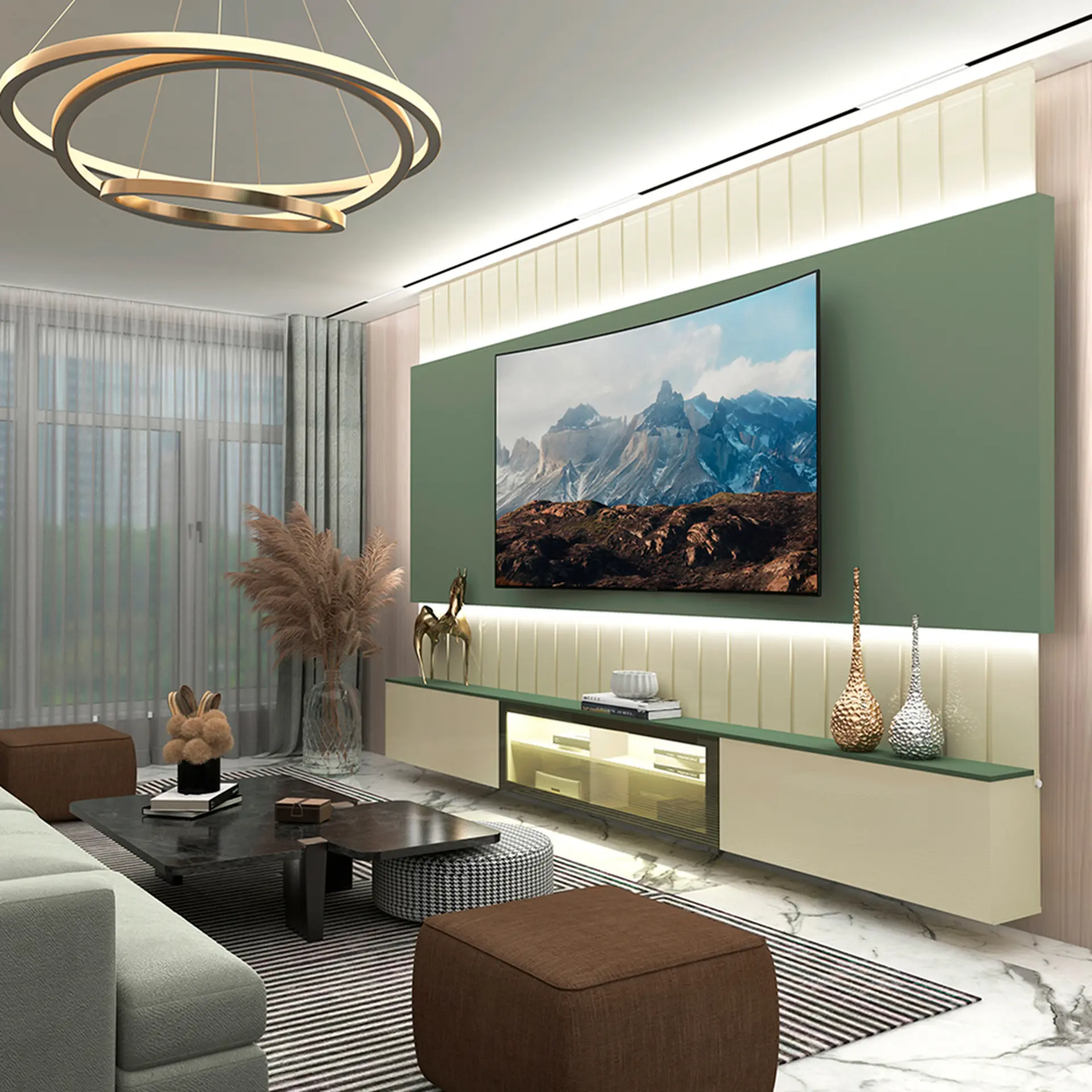 Estante Home para TV até 85" 3 Portas Soberano Gelius - Off White/Verde Floresta